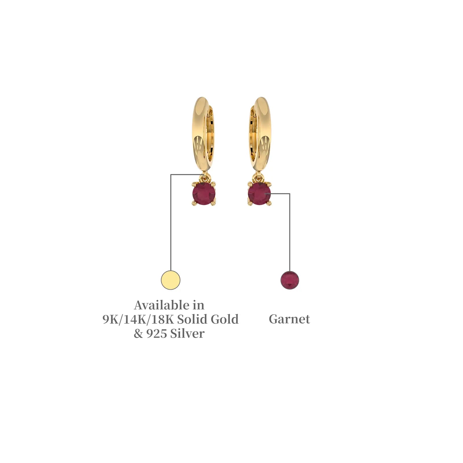 Yellow gold descriptive image of january birthstone hoops with garnet drops 