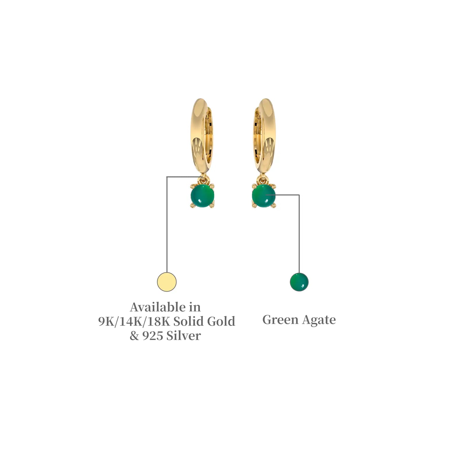 Descriptive detail of May birthstone hoops with green agate drops by Fortune Jewellery