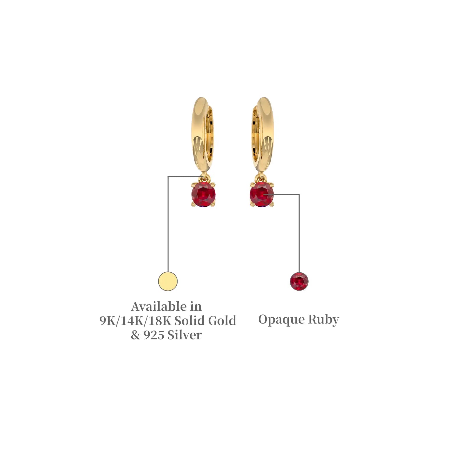 Details of July birthstone hoops with opaque ruby drops