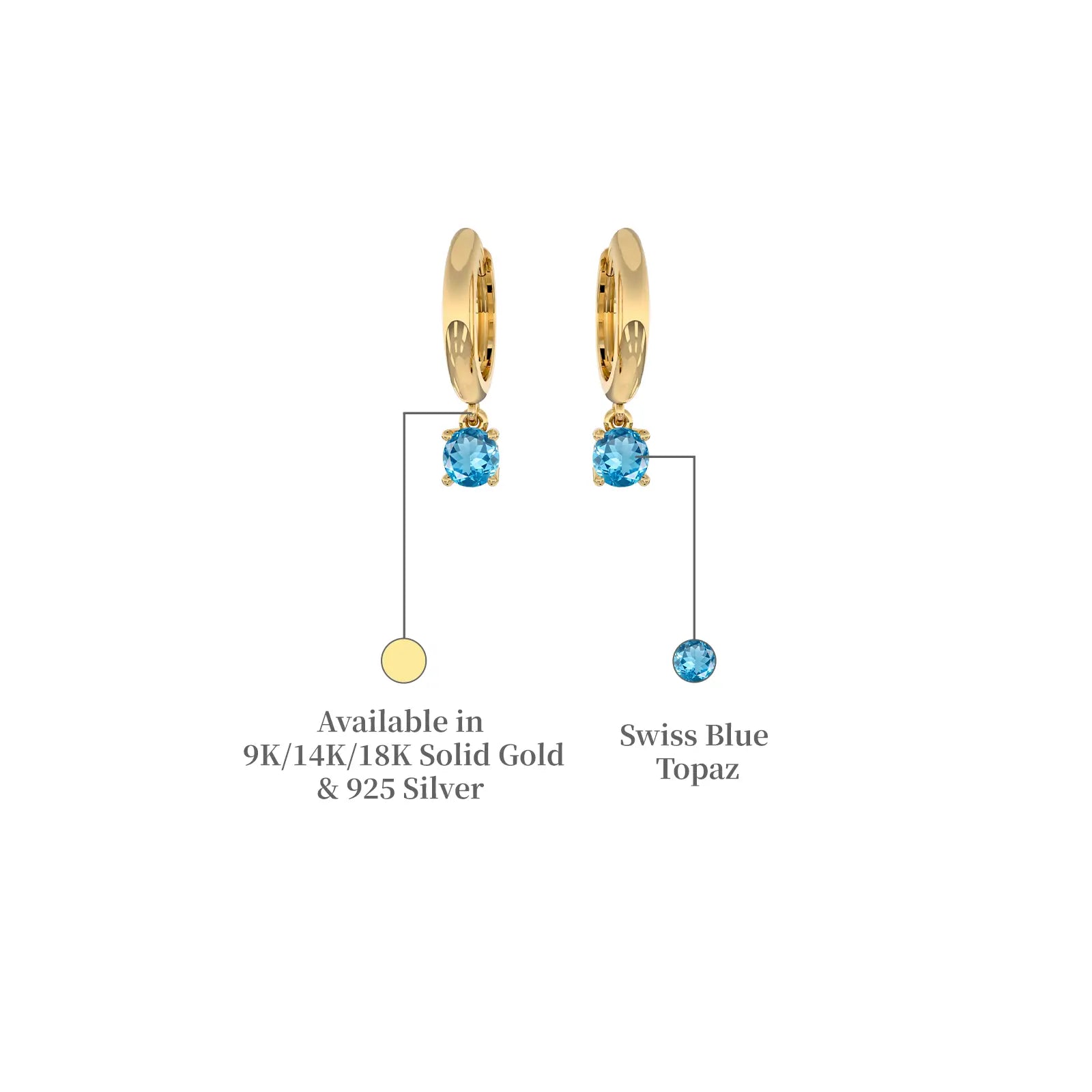 Descriptive details of yellow gold March birthstone hoops with Swiss blue topaz drops 