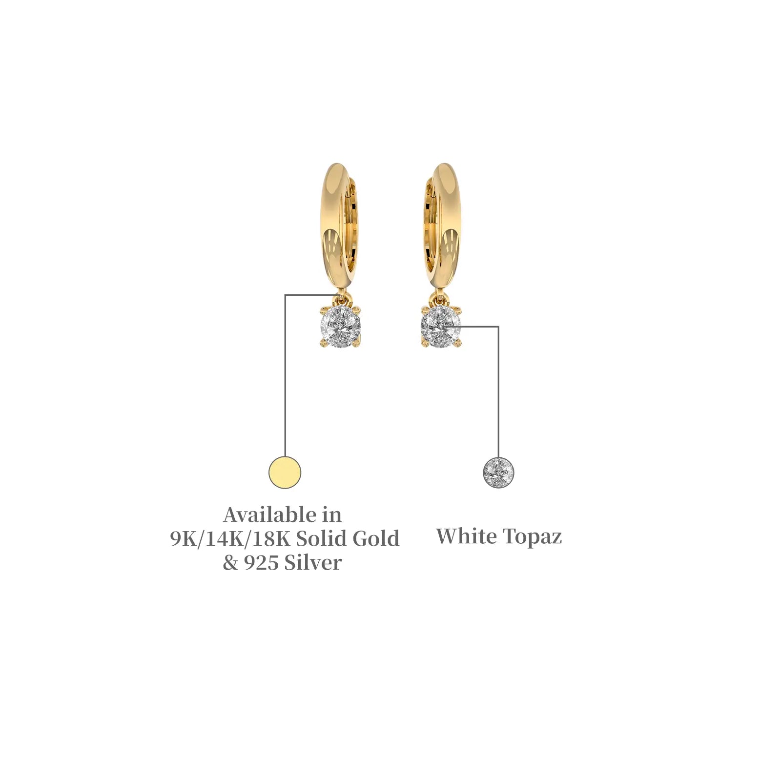 Descriptive image of April birthstone hoops with topaz drops by Fortune Jewellery