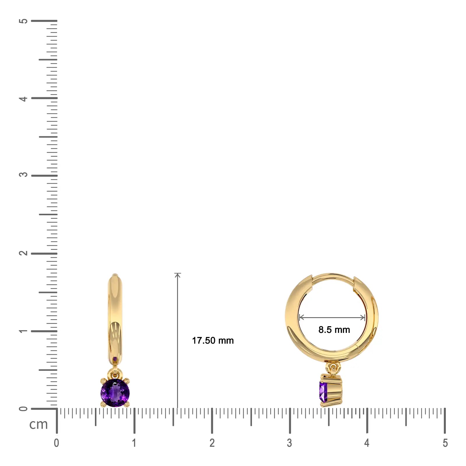 Dimension details of february birthstone hoops with amethyst drops  8.5 mm