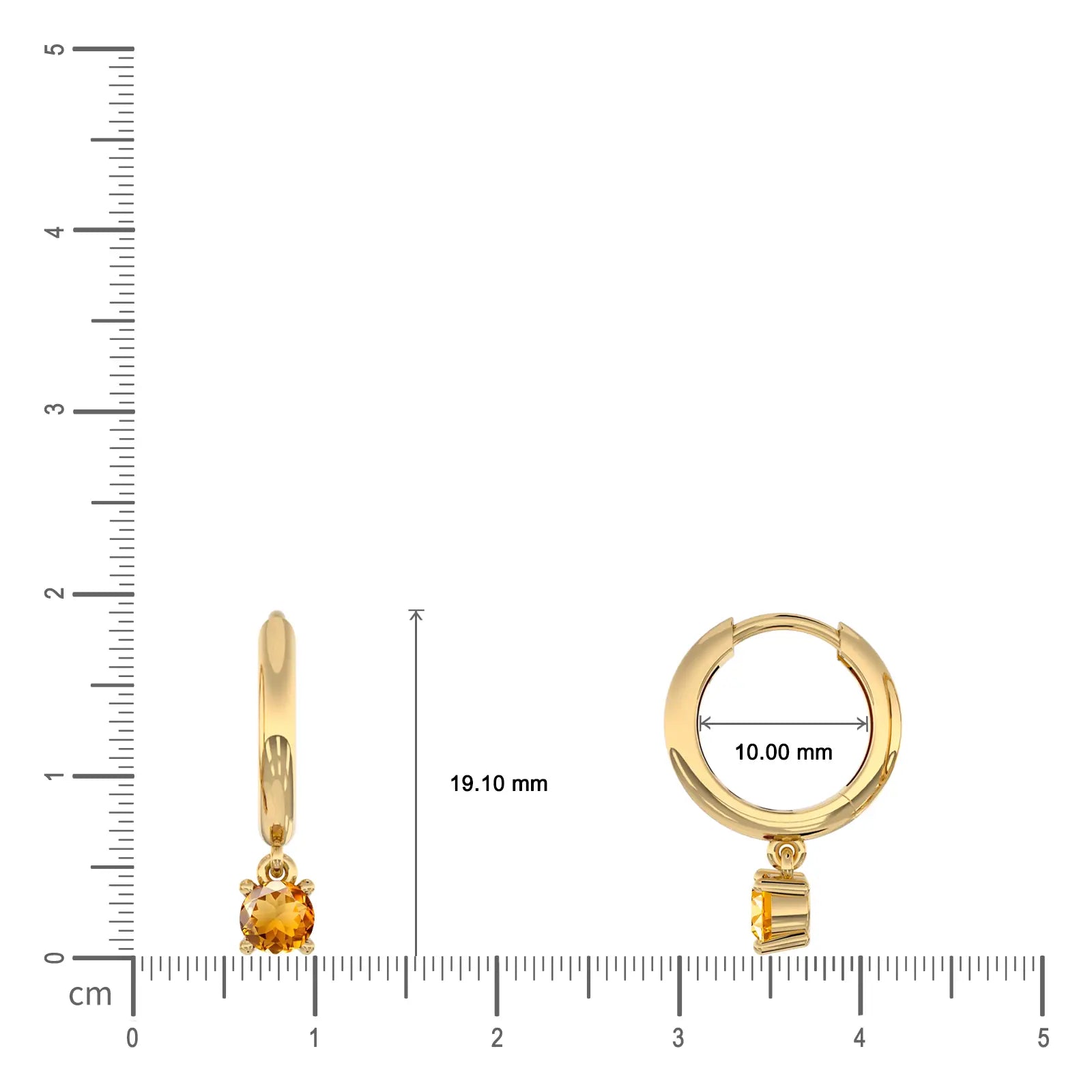 Dimension detail of yellow gold november birthstone hoops with citrine drops 10 mm