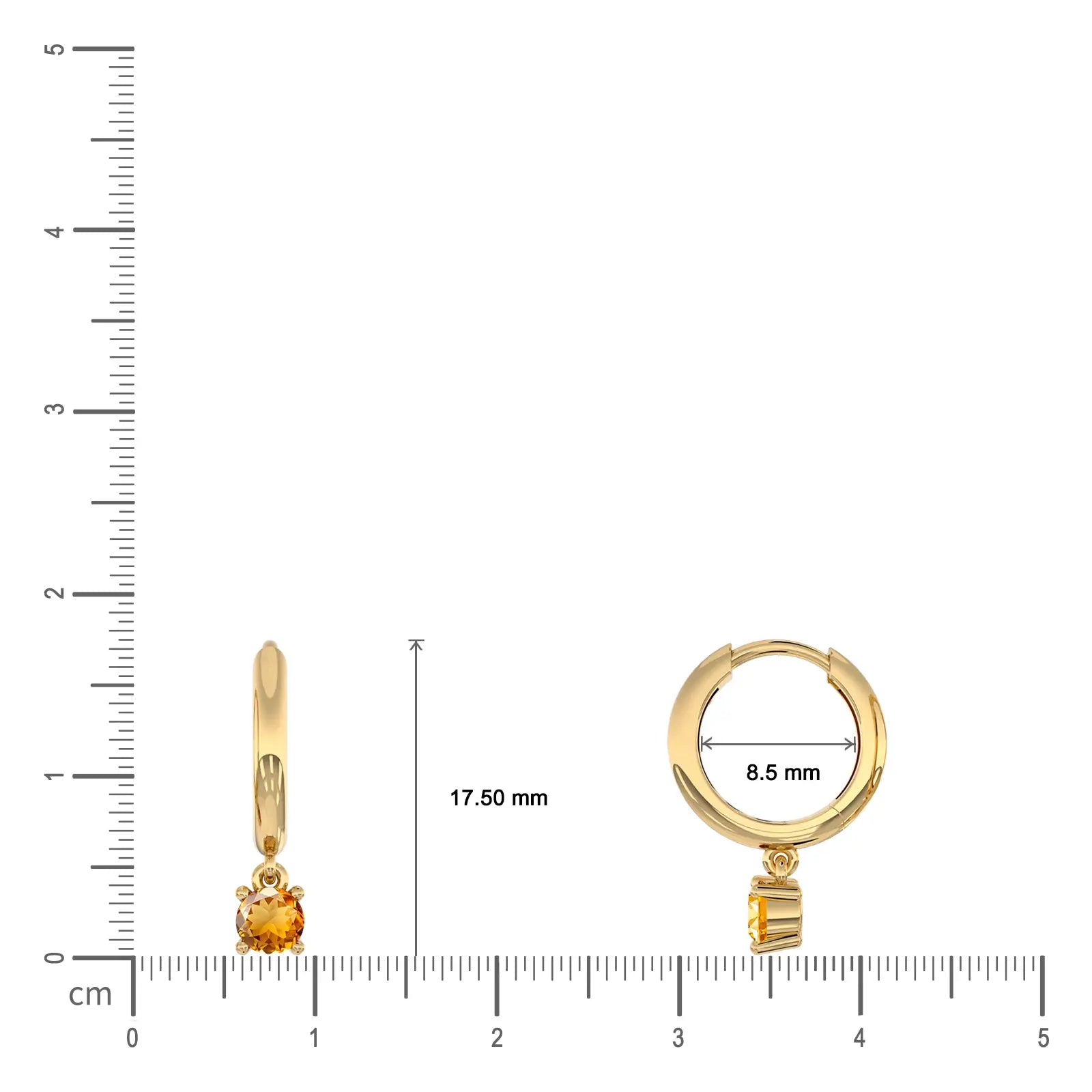 Dimension detail of yellow gold November birthstone hoops with citrine drops 8.5 mm