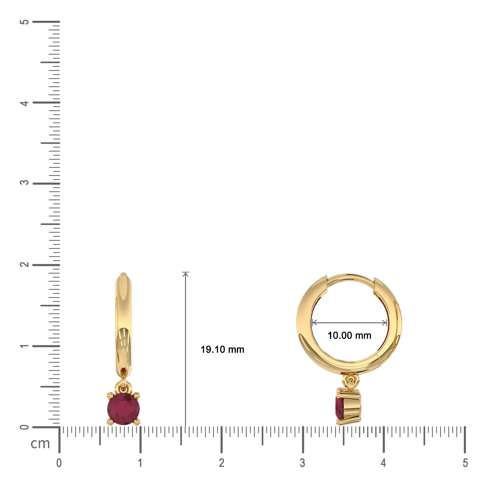 Yellow gold dimension details of January birthstone hoops with garnet drops