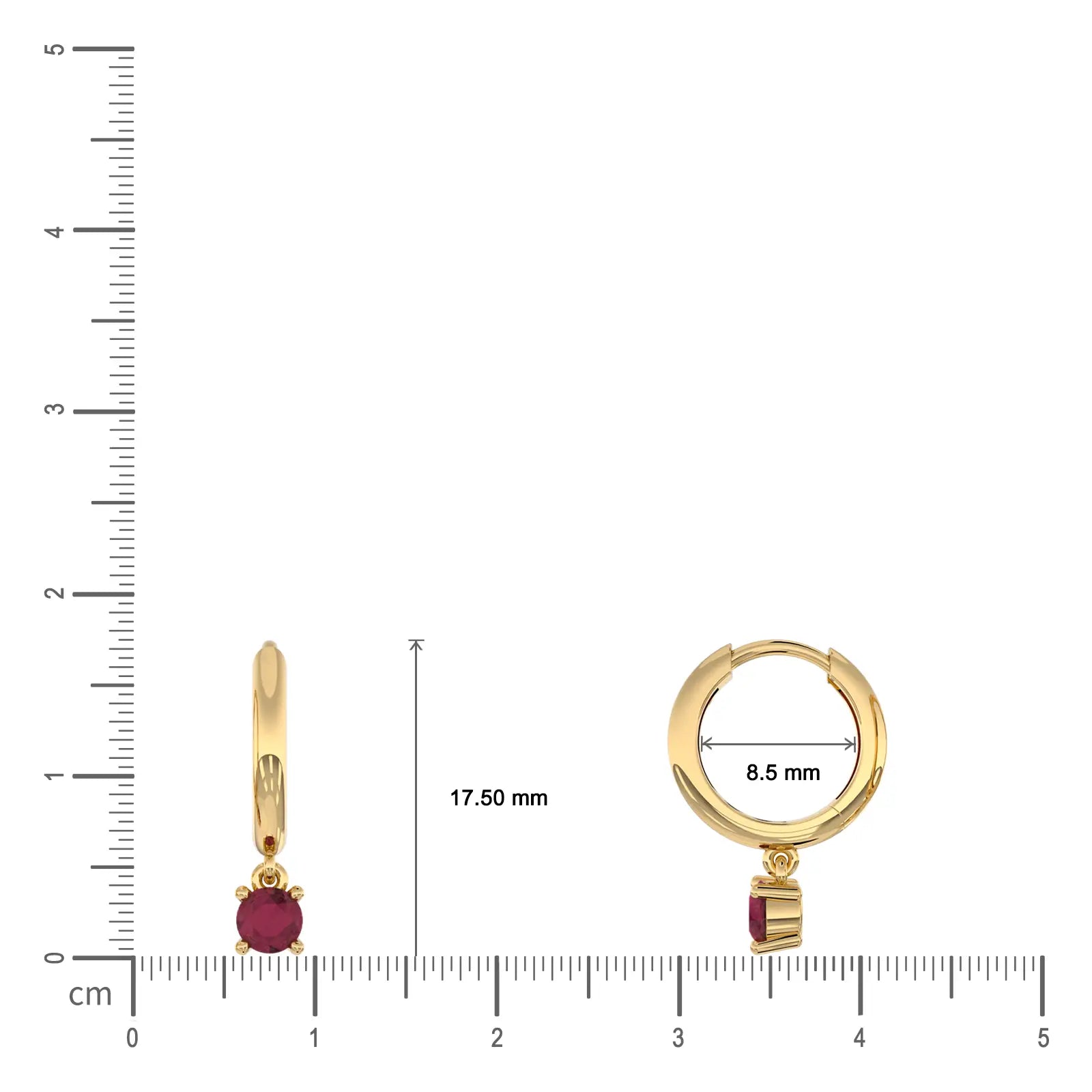 Yellow gold dimension details of january birthstone hoops with garnet drops 8.5 mm