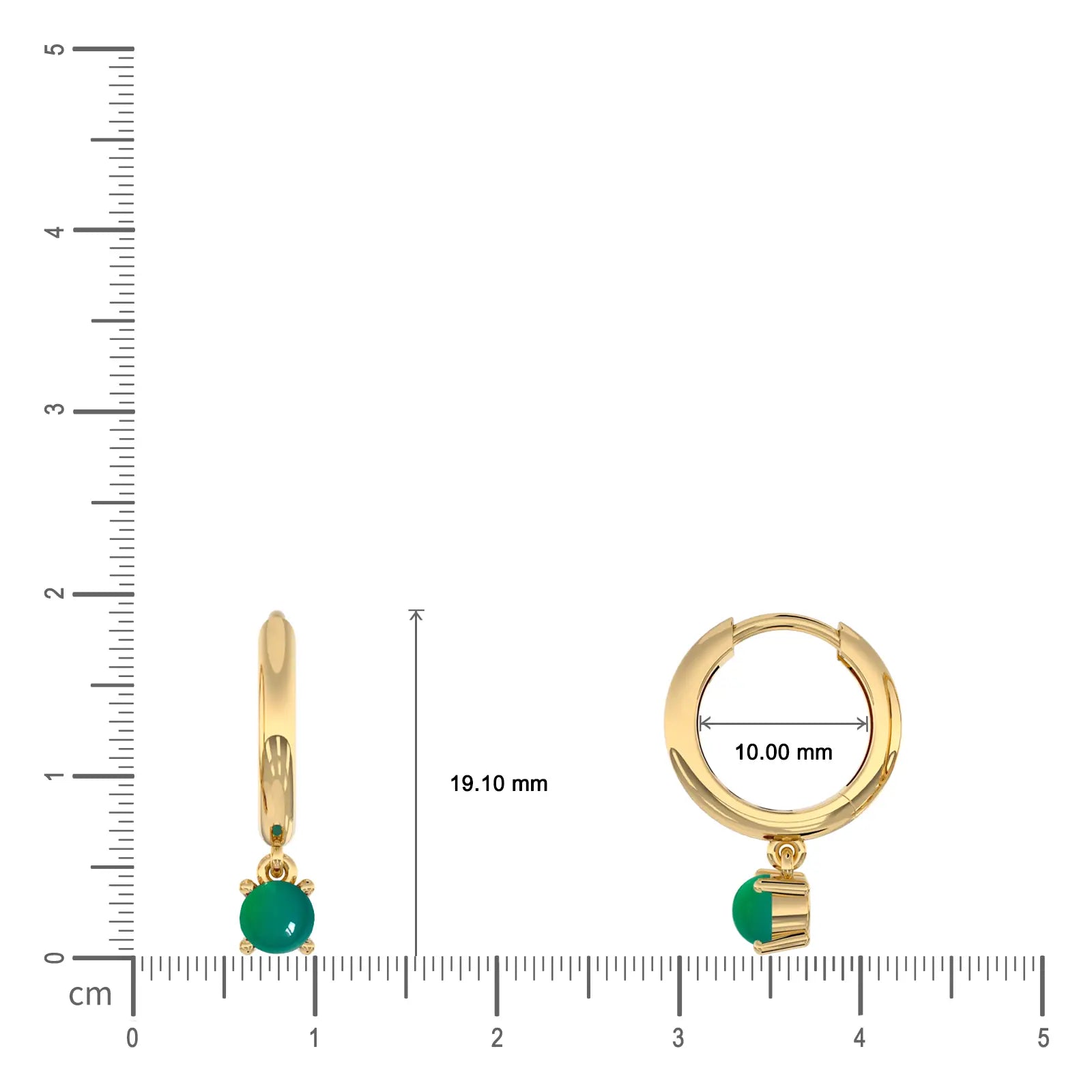 Dimension detail of may birthdstone hoops with green agate drops 10 mm