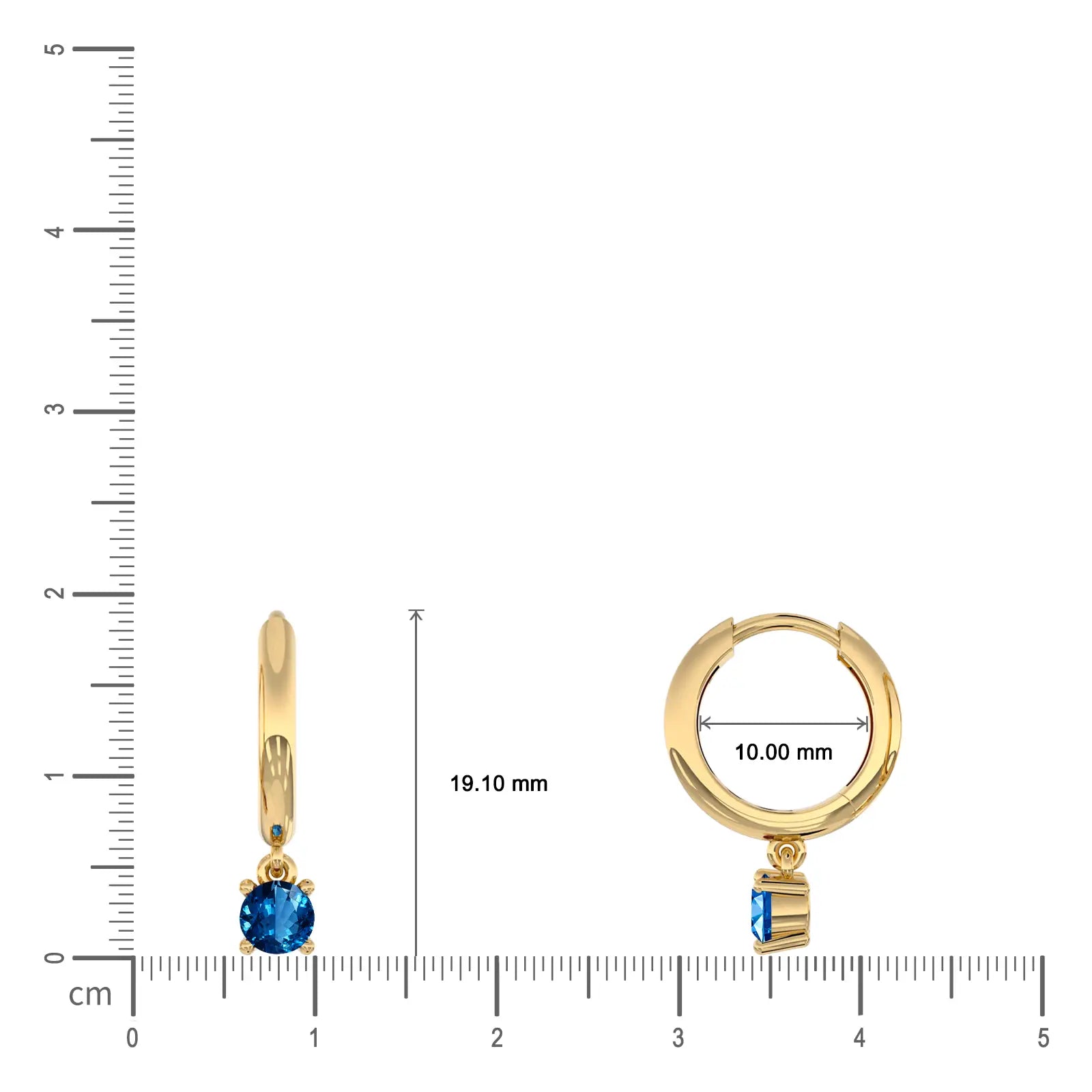 Dimension detail of September birthstone hoops with London blue topaz drops 10 mm by Fortune Jewellery