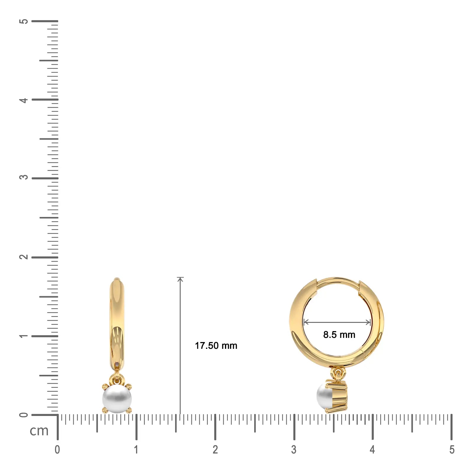 Dimension details of June birthstone hoop earrings with mother-of-pearl drops, 8.5 mm