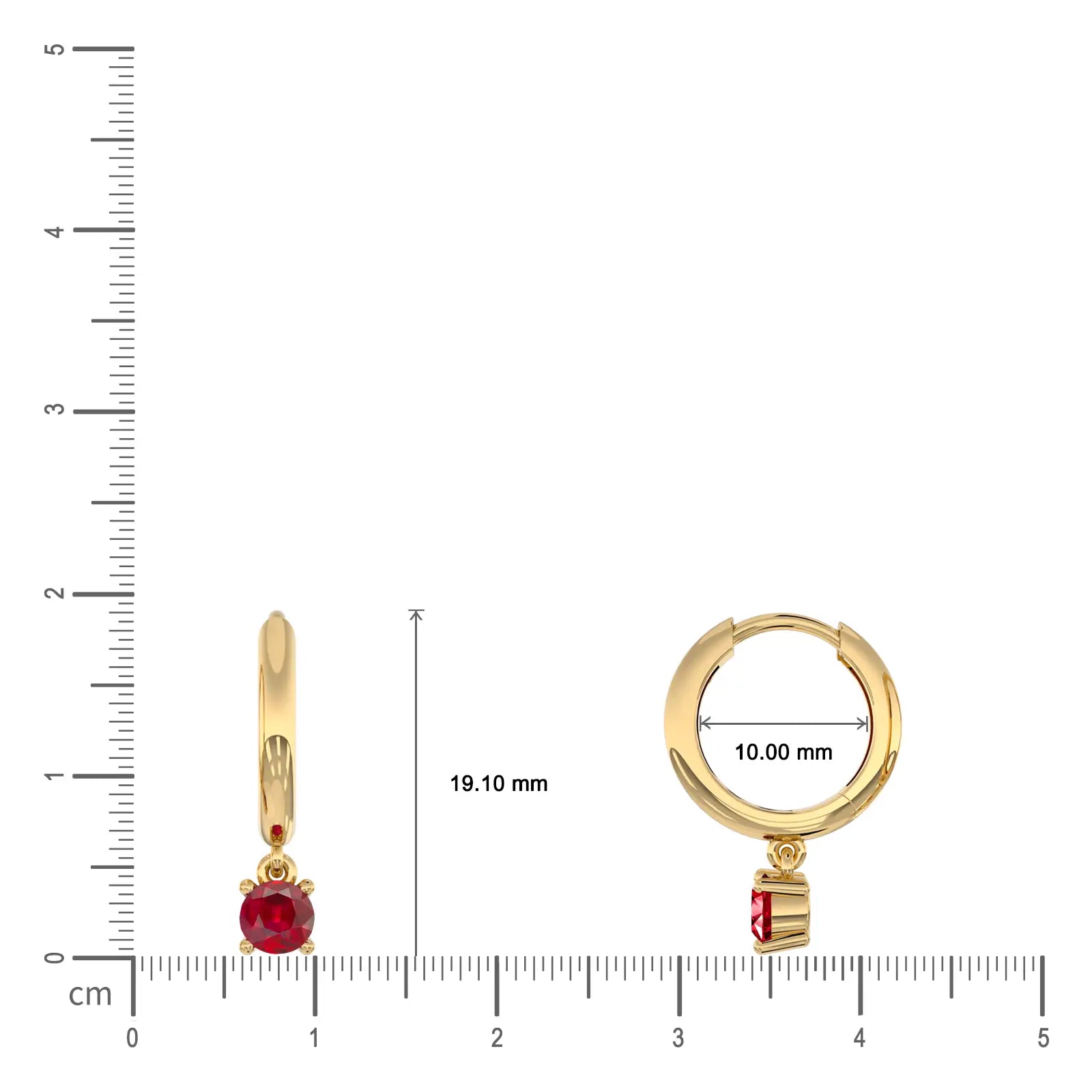 Dimension details of July birthstone hoops with opaque ruby drops 10 mm