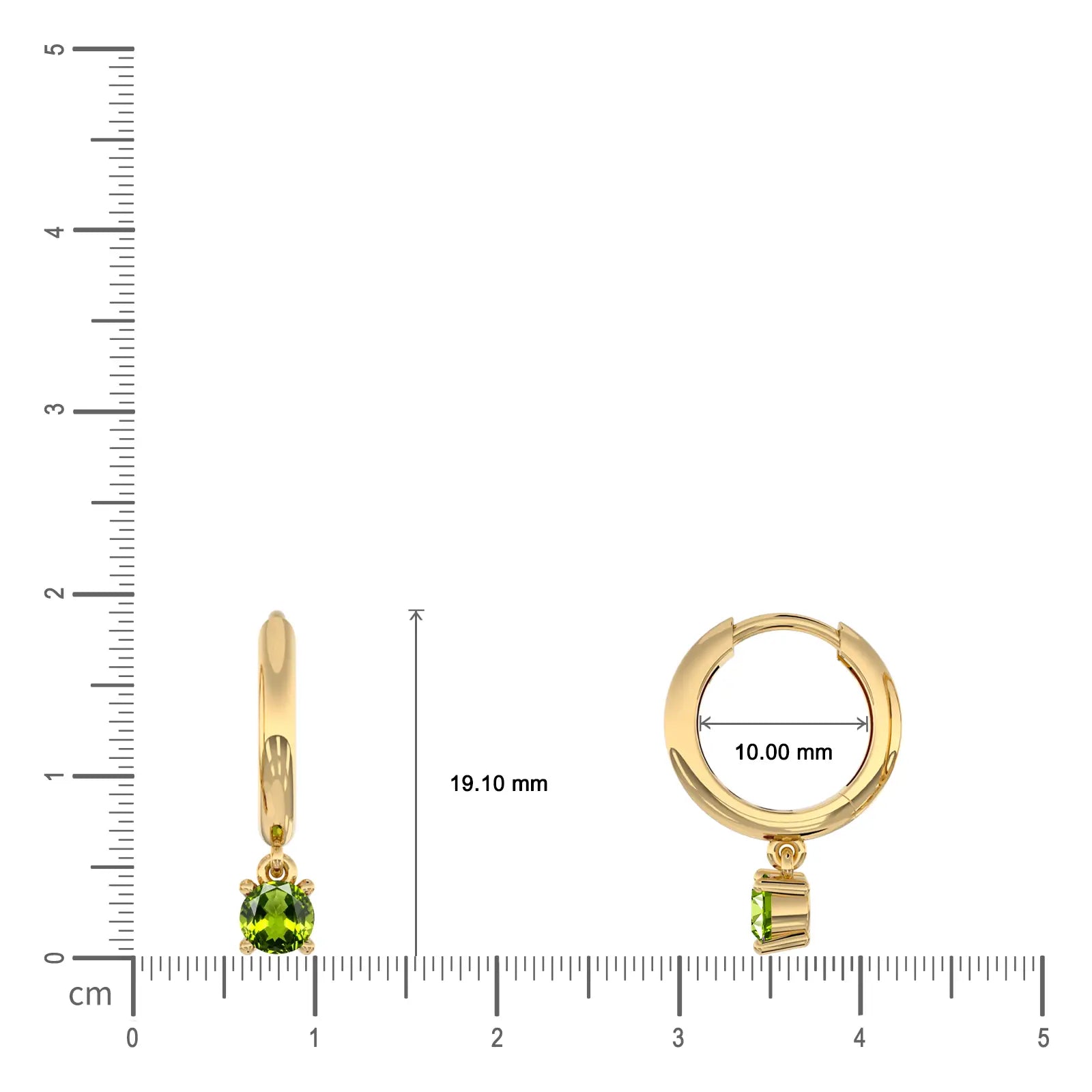 Dimensions of August birthstone hoops with peridot drops 10 mm