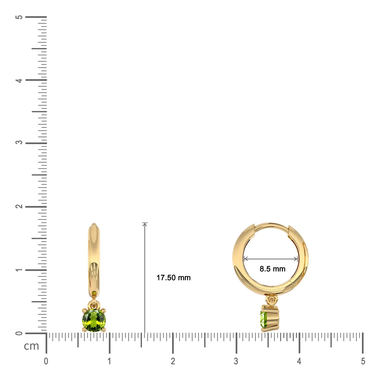 Dimension details of August birthstone hoops with peridot drops 8.5 mm