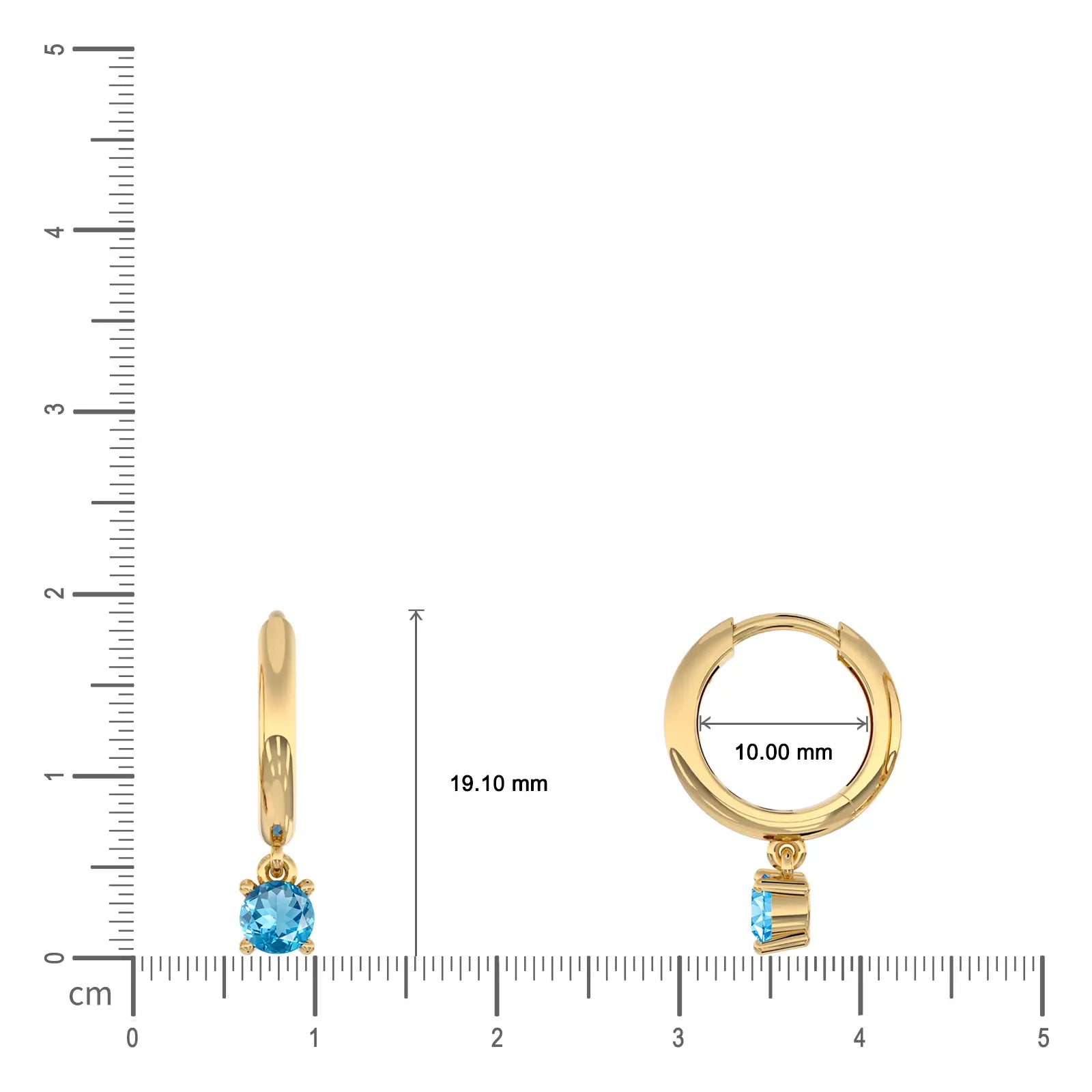 Dimension details of March birthstone hoops with Swiss blue topaz drops 10 mm