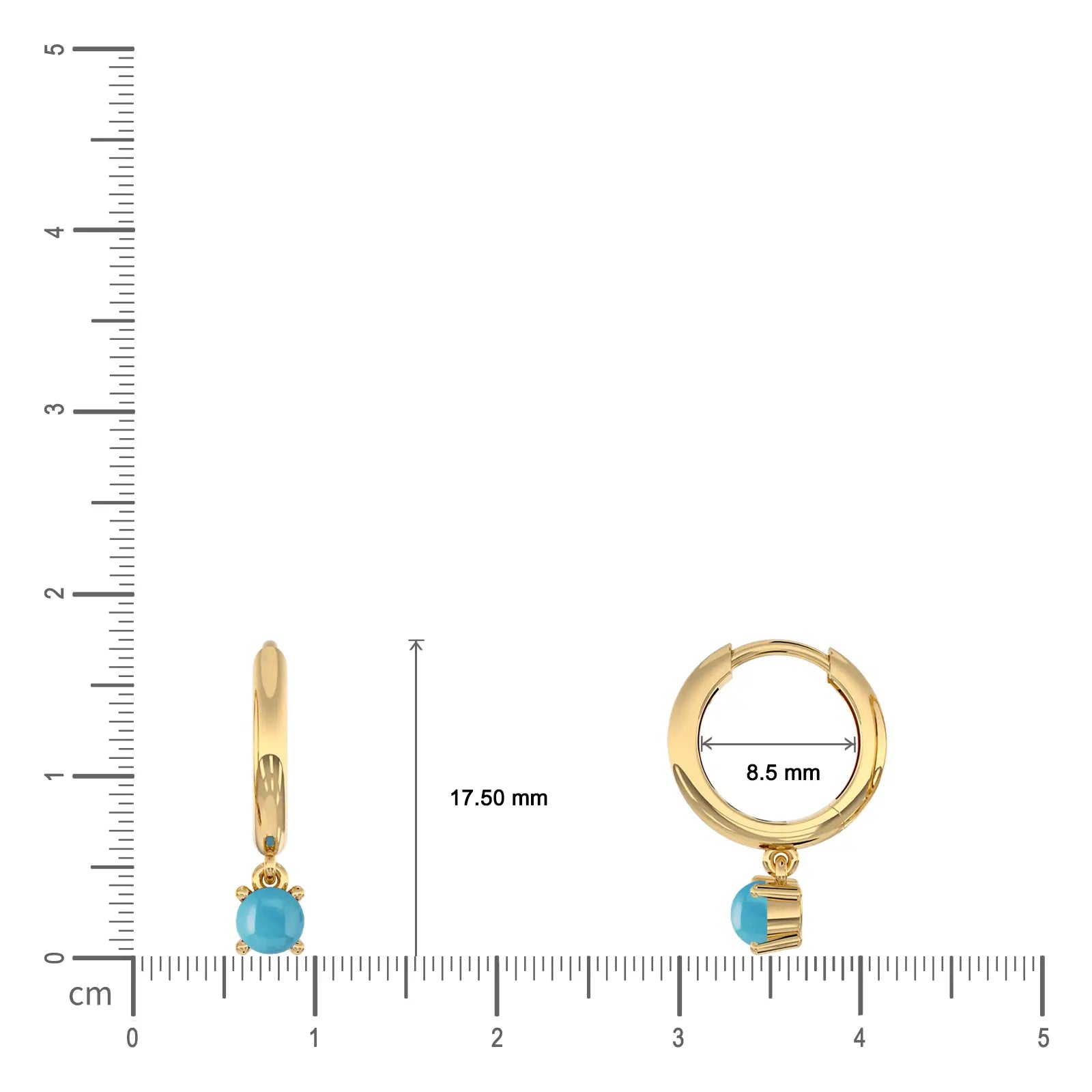 Dimensions of December birthstone hoop earrings with turquoise drops 8.5 mm