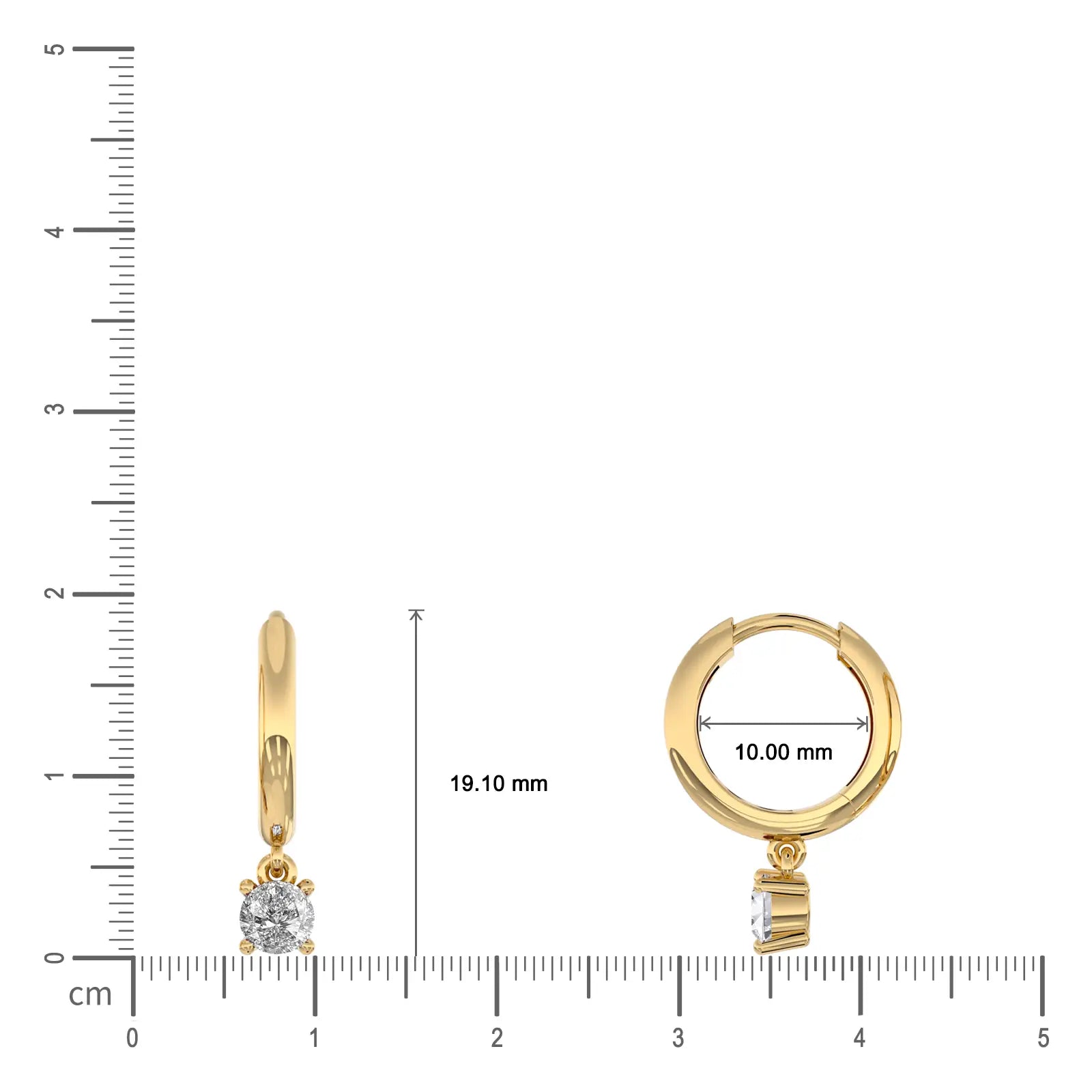 Dimension detail of warm gold April birthstone hoops with topaz drops 10 mm
