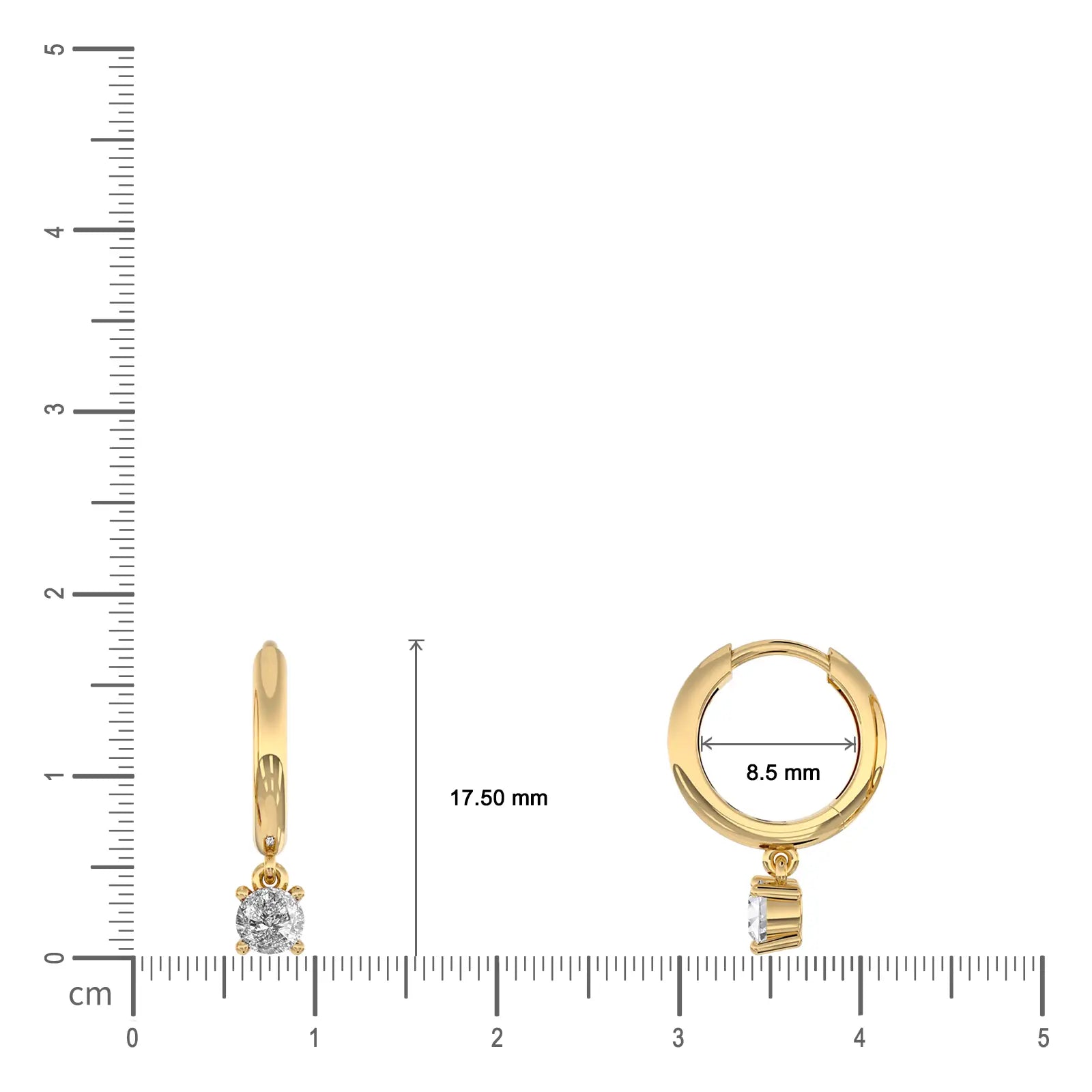 Dimension detail of warm gold April birthstone hoops with topaz drops 8.5 mm