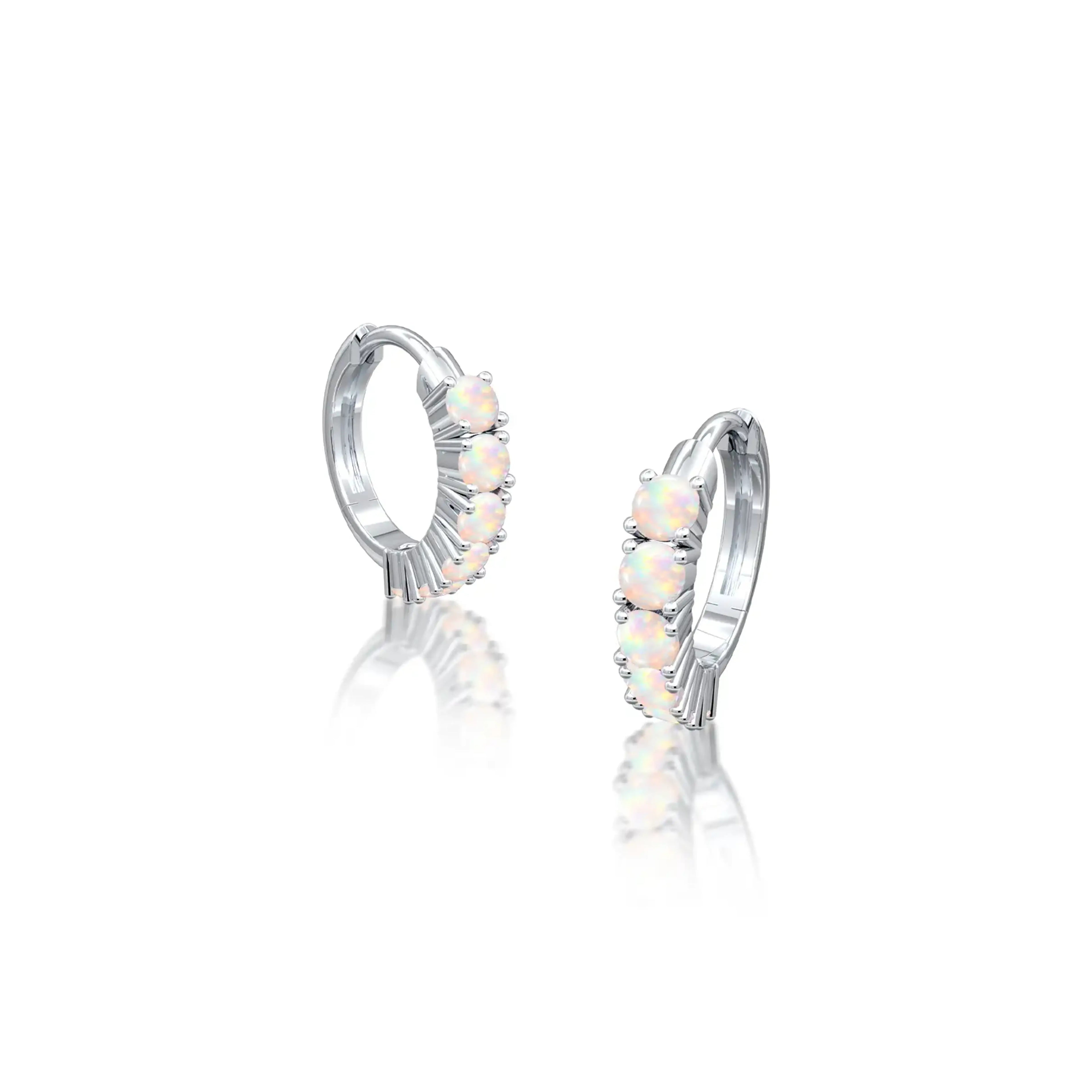 White gold October birthstone opal hoop earrings for office wear 8.5 mm