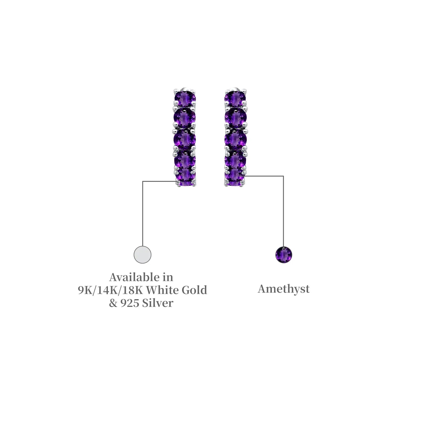 White gold & Silver February birthstone amethyst hoop earrings descriptive image