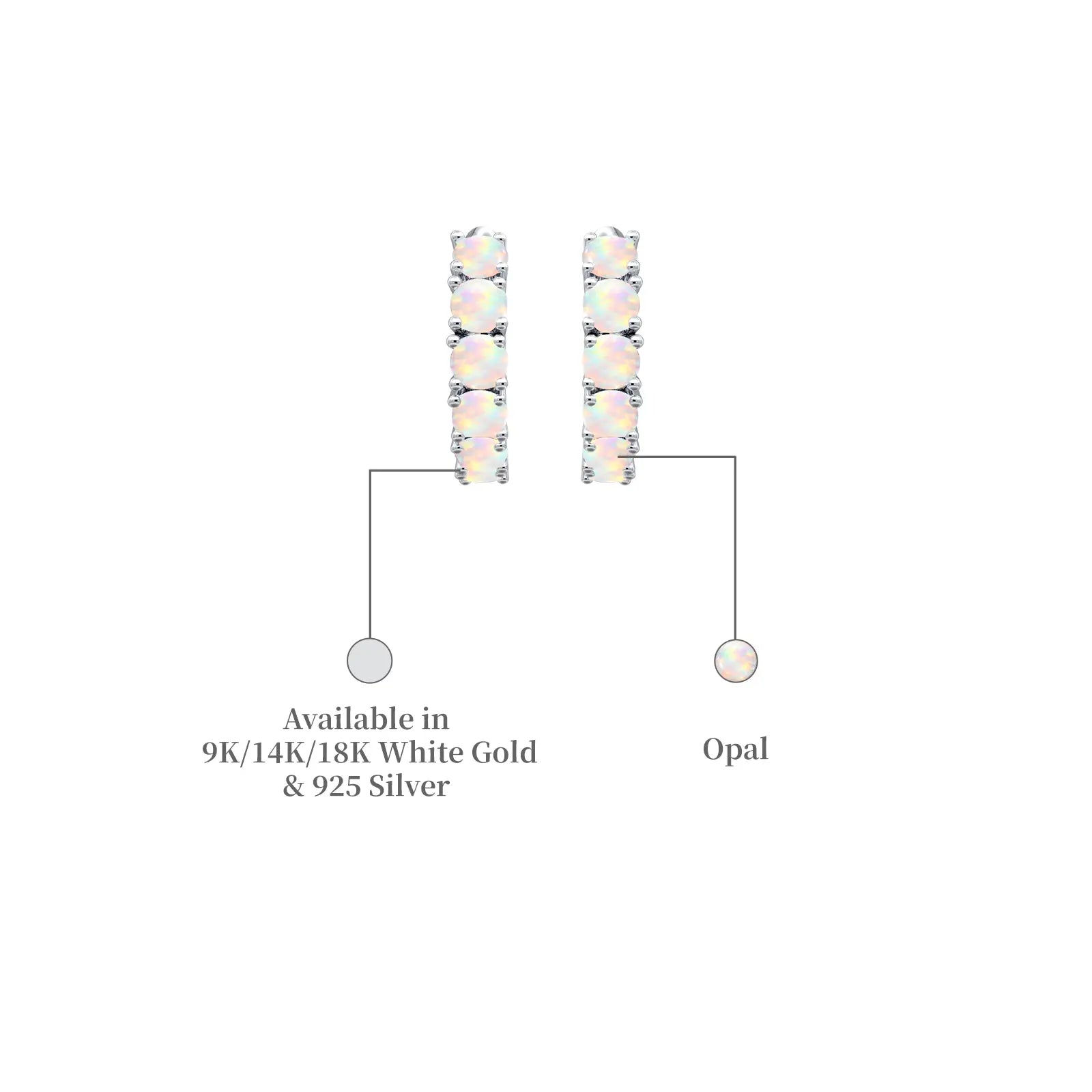 White gold descriptive image of october birthstone opal hoop earrings 