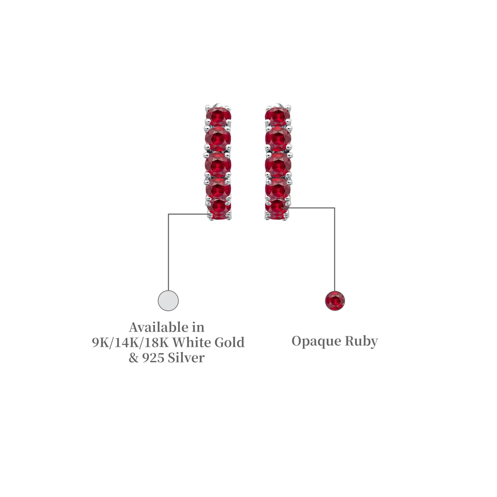 White gold descriptive image of july birthstone opaque ruby hoop earrings