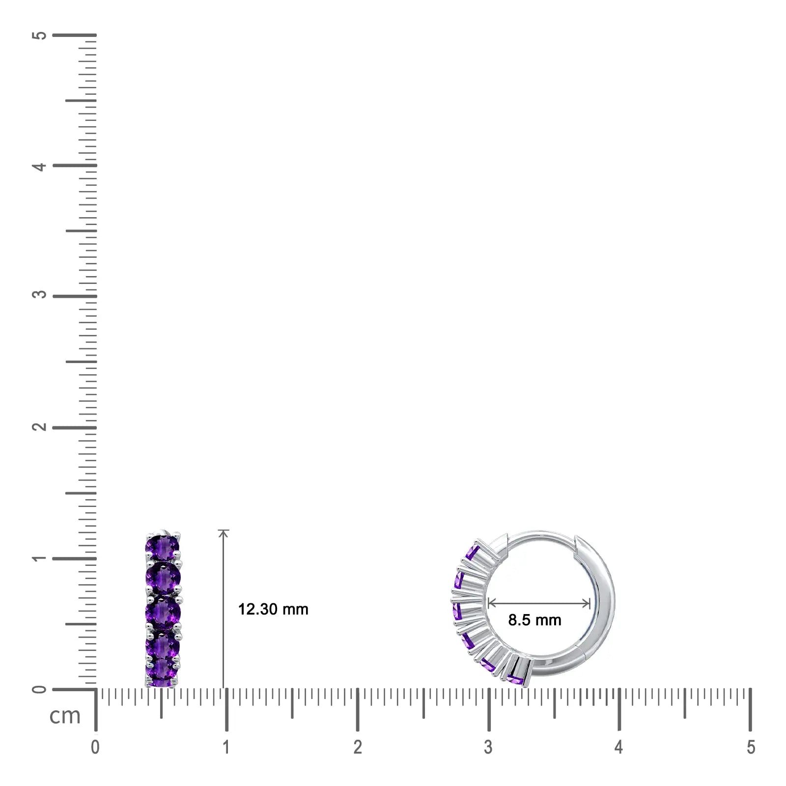 Dimensions of 8.5mm white gold February birthstone amethyst hoop earrings