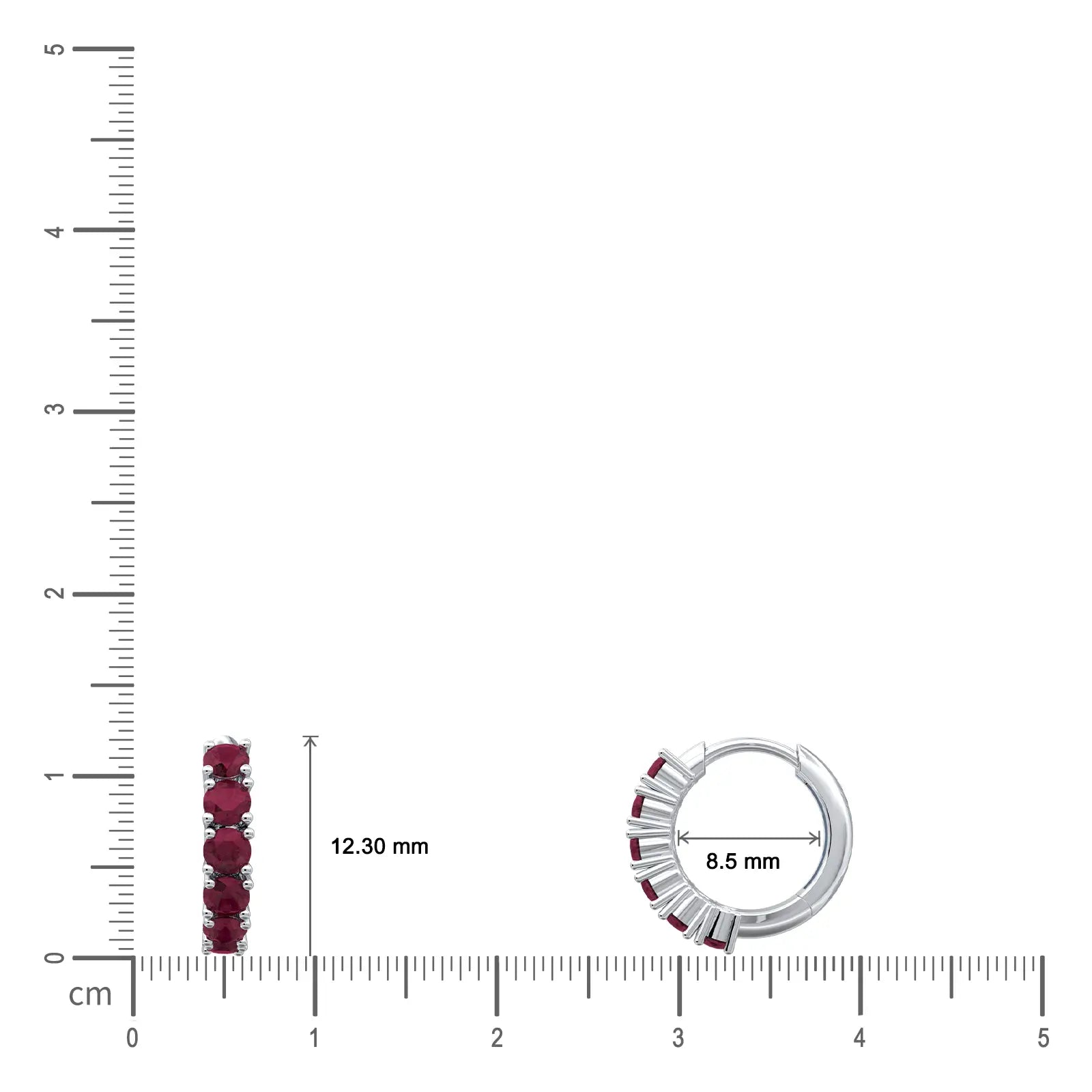Dimension detail of white gold january birthstone garnet hoop earrings 8.50 mm