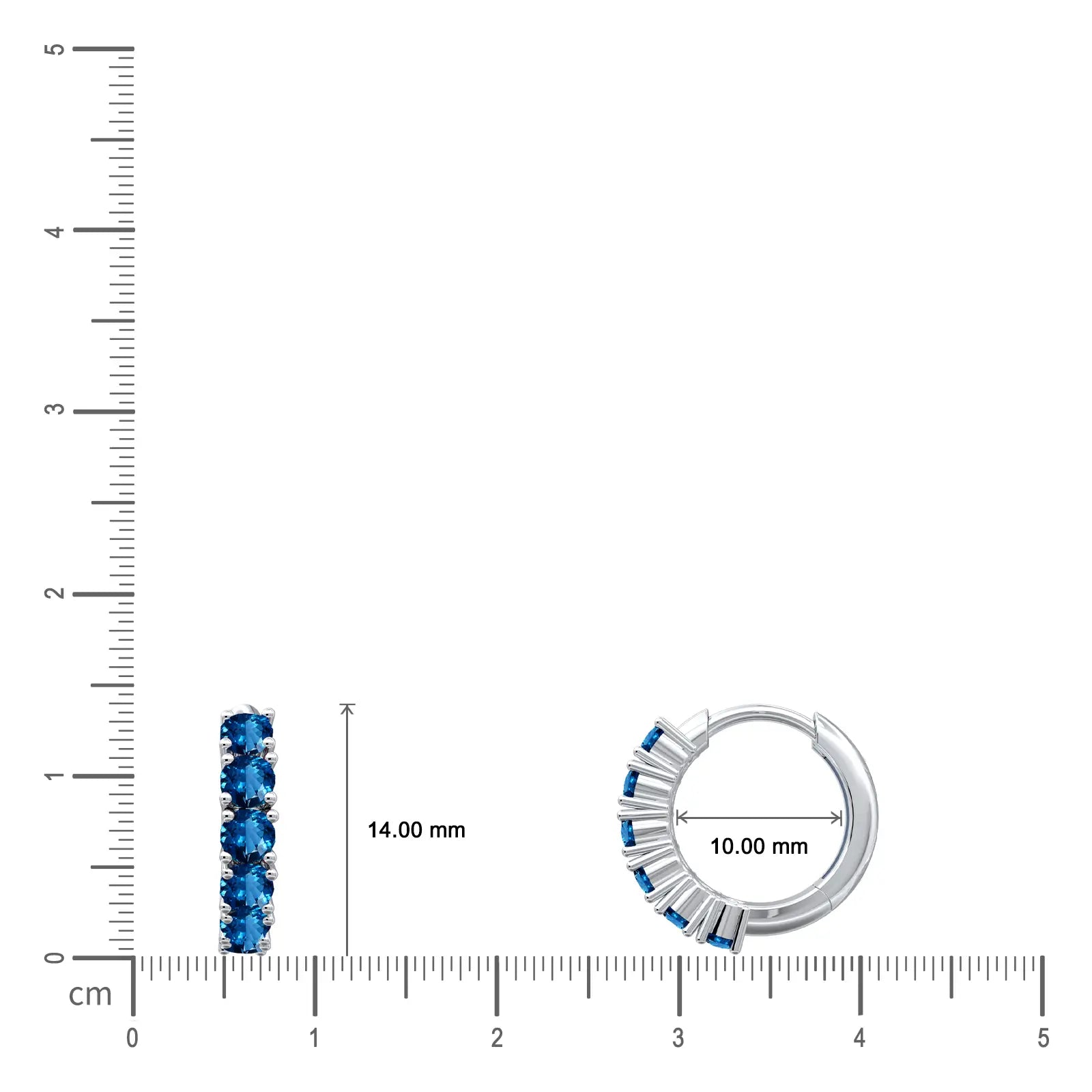Dimension details of white gold fortune september birthstone london blue topaz hoop earrings 10mm