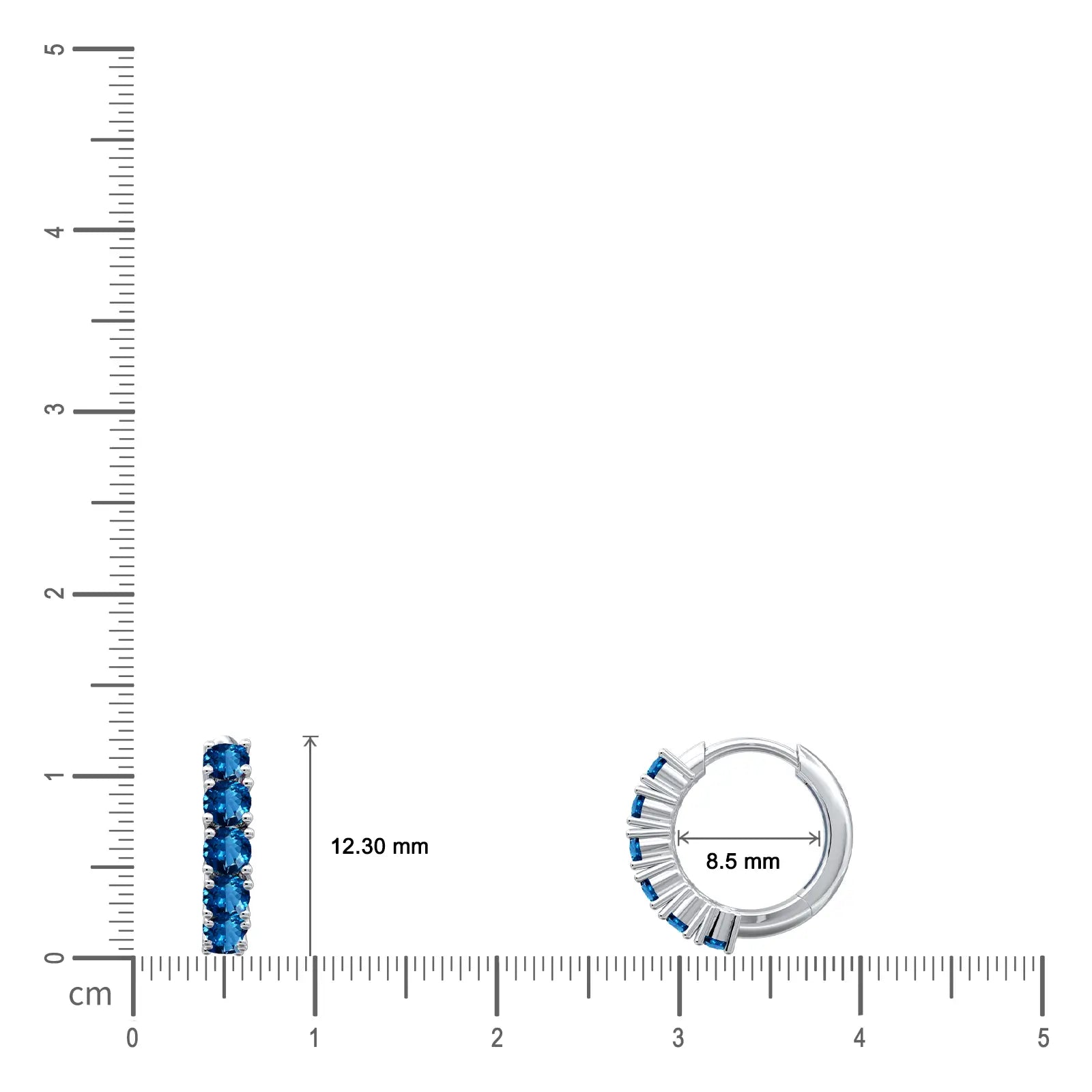 Dimension details of Fortune September birthstone, London blue topaz hoop earrings 8.50 mm