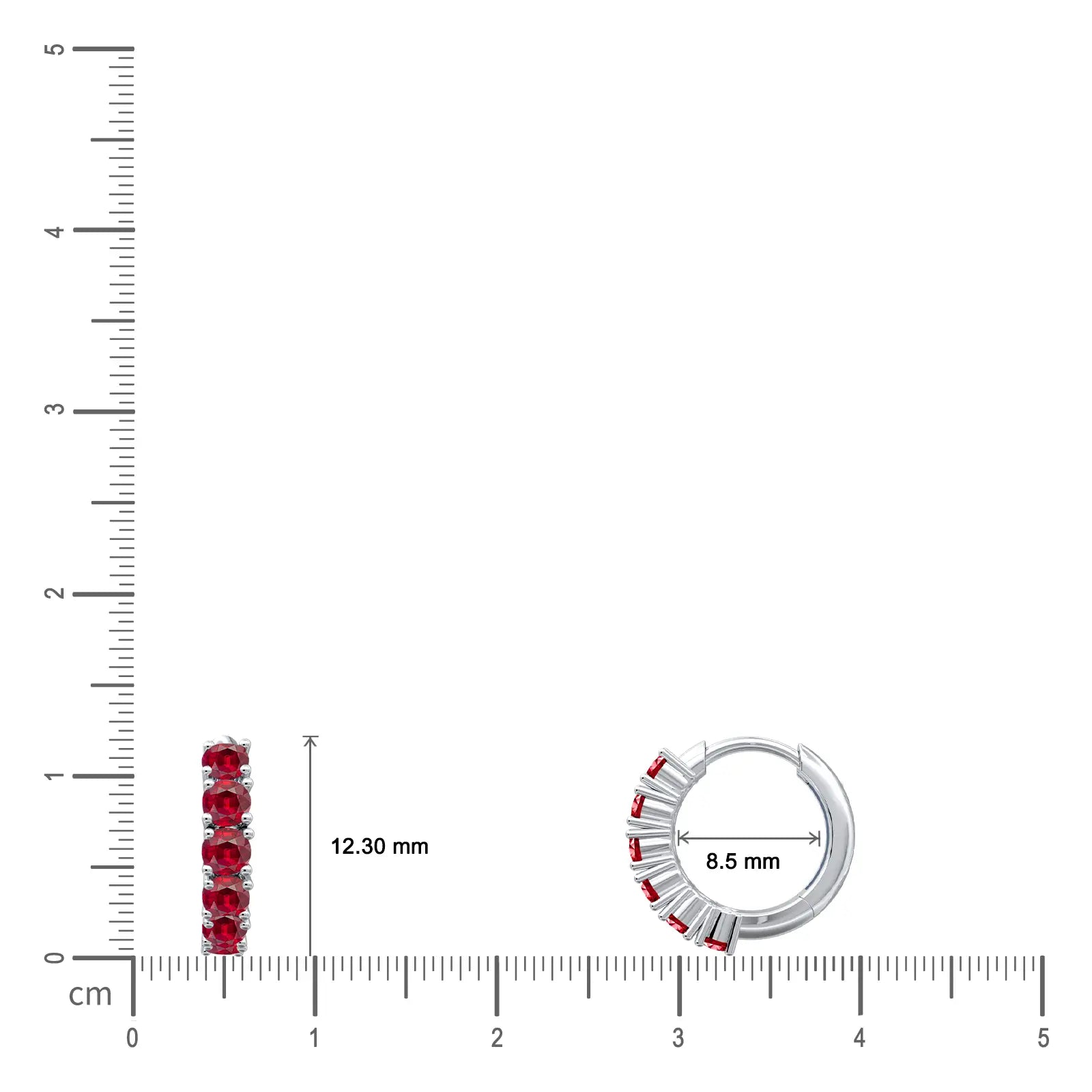 Dimension detail of white gold july birthstone opaque ruby hoop 8.50 mm earrings