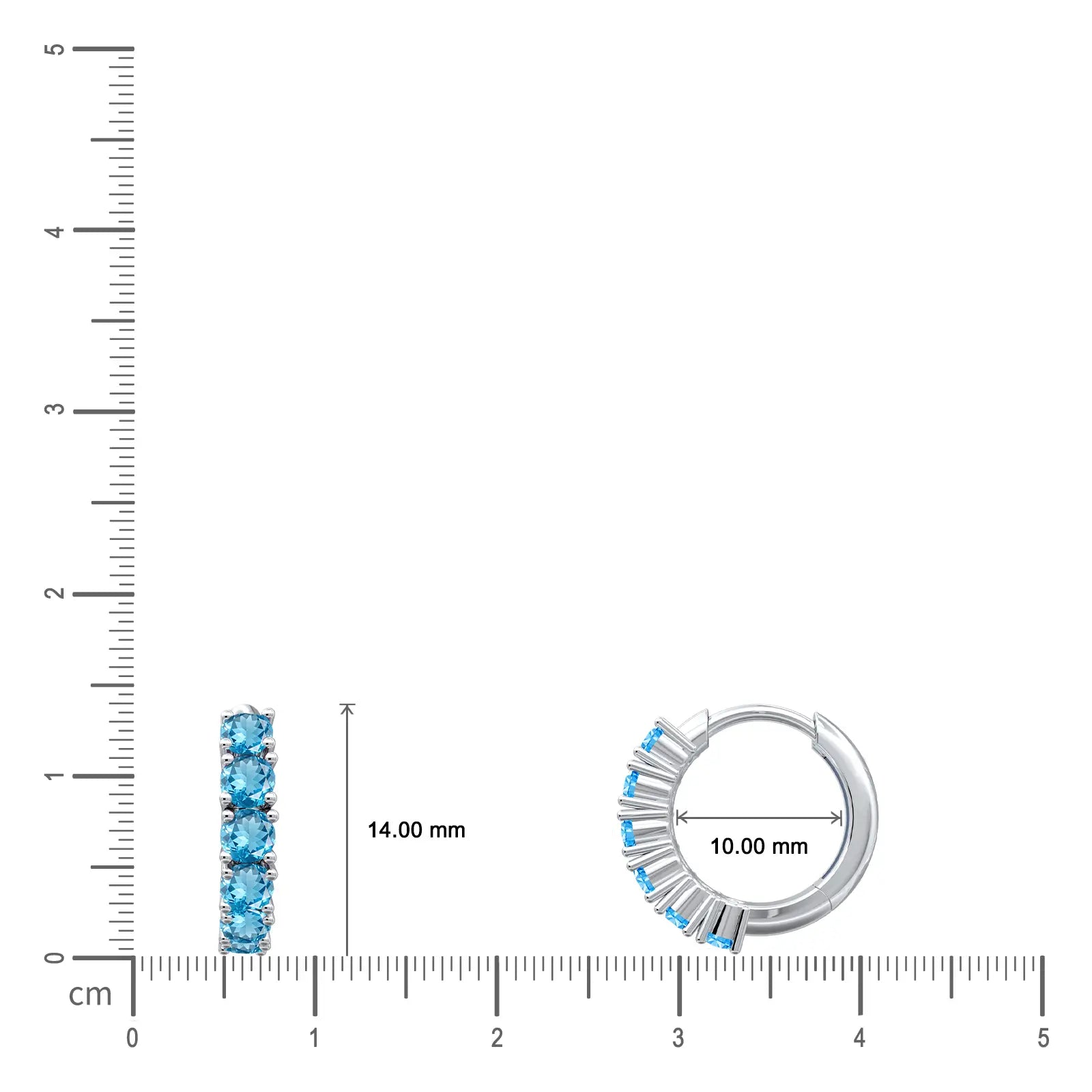 10mm March Birthstone Swiss Blue Topaz Hoop Earrings on a measurement scale on a white background
