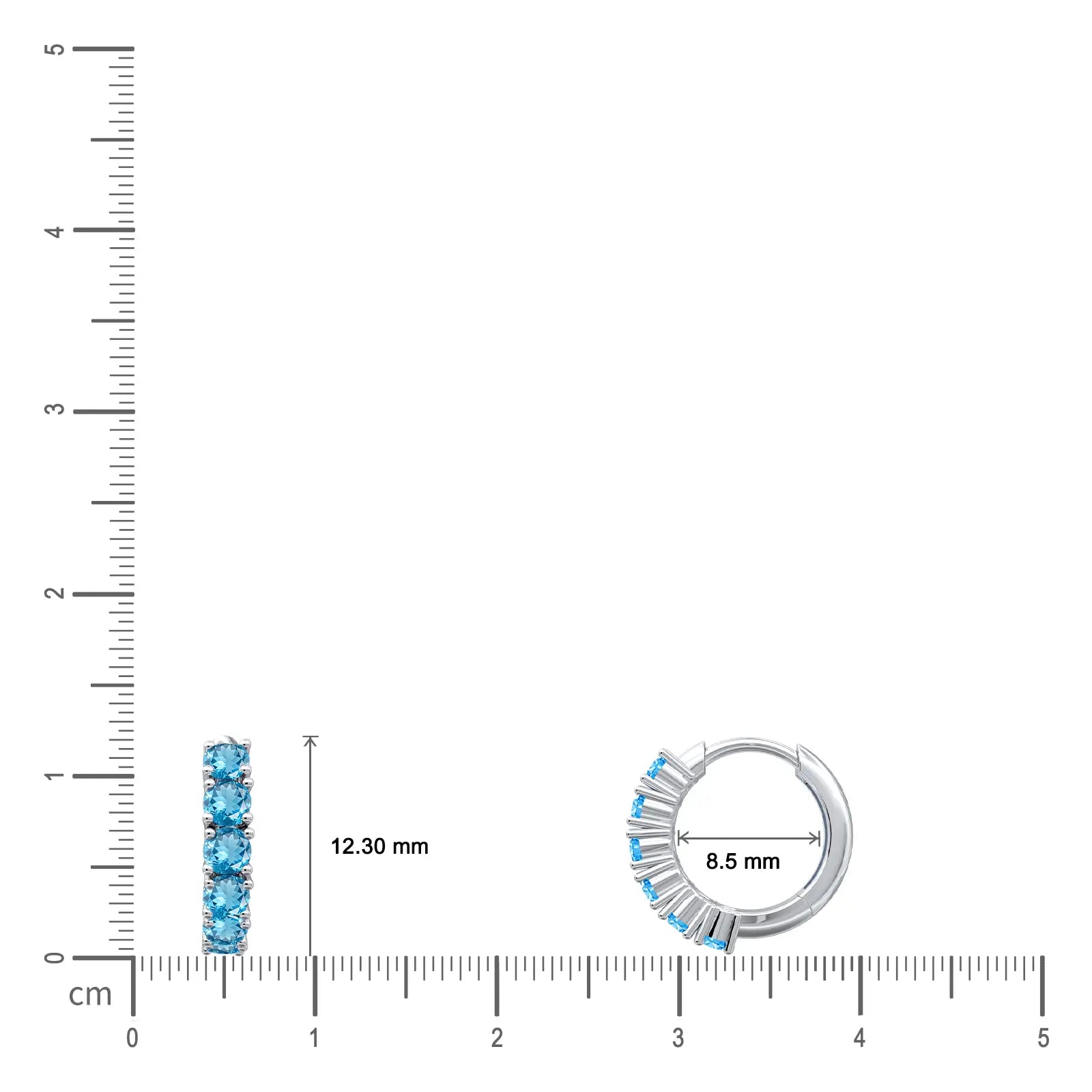 Dimension detail of white gold march birthstone swiss blue topaz hoop earrings  8.50 mm