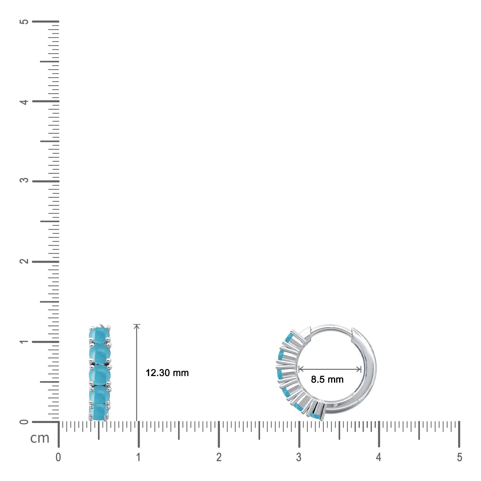 Dimension details of white gold decemeber birthstone turquoise hoop earrings 8.50 mm