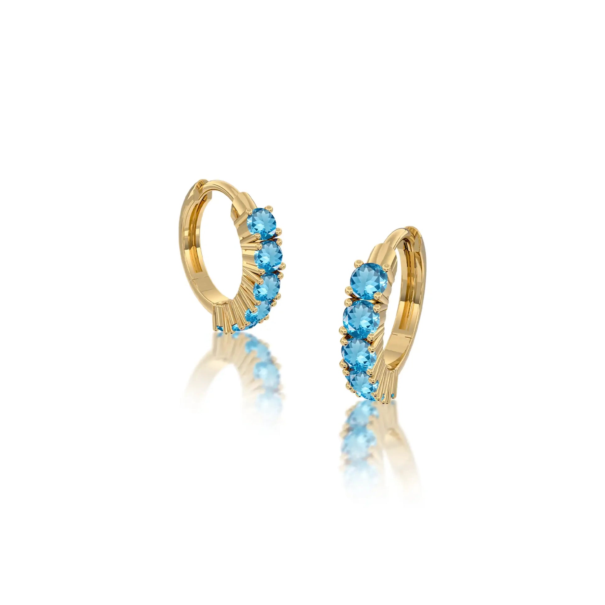 Unique yellow gold march birthstone swiss blue topaz hoop earrings 8.50 mm