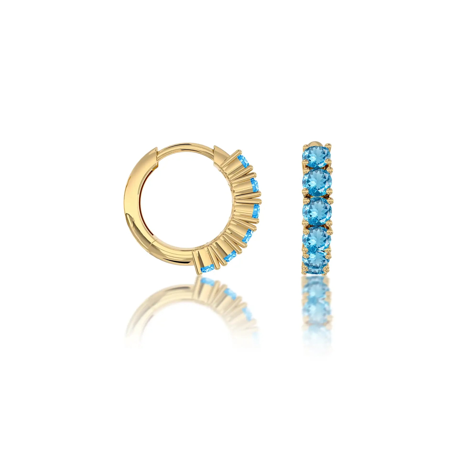 Trendy yellow gold march birthstone swiss blue topaz hoop earrings 8.50 mm