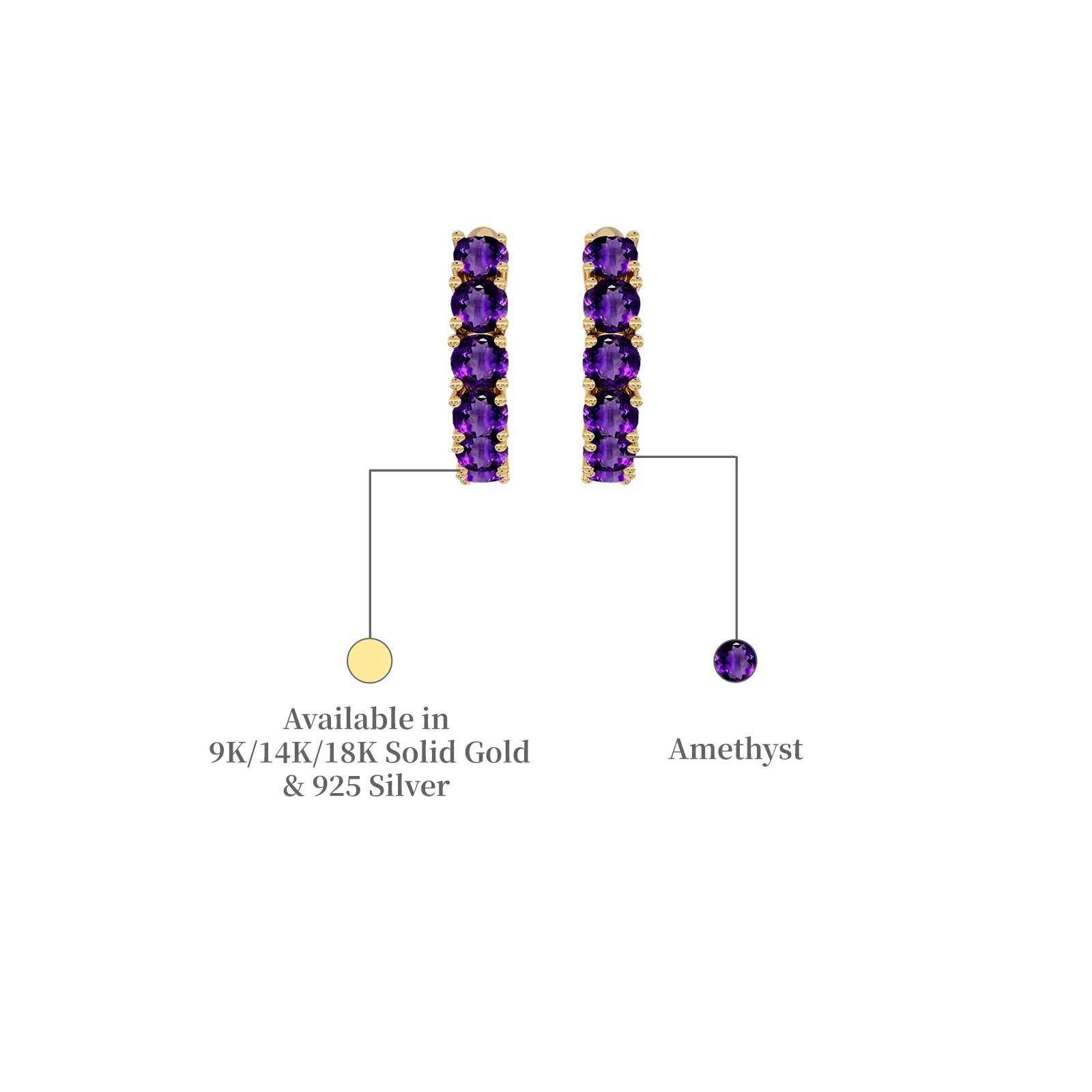 Yellow gold & Silver February birthstone amethyst hoop earrings descriptive image