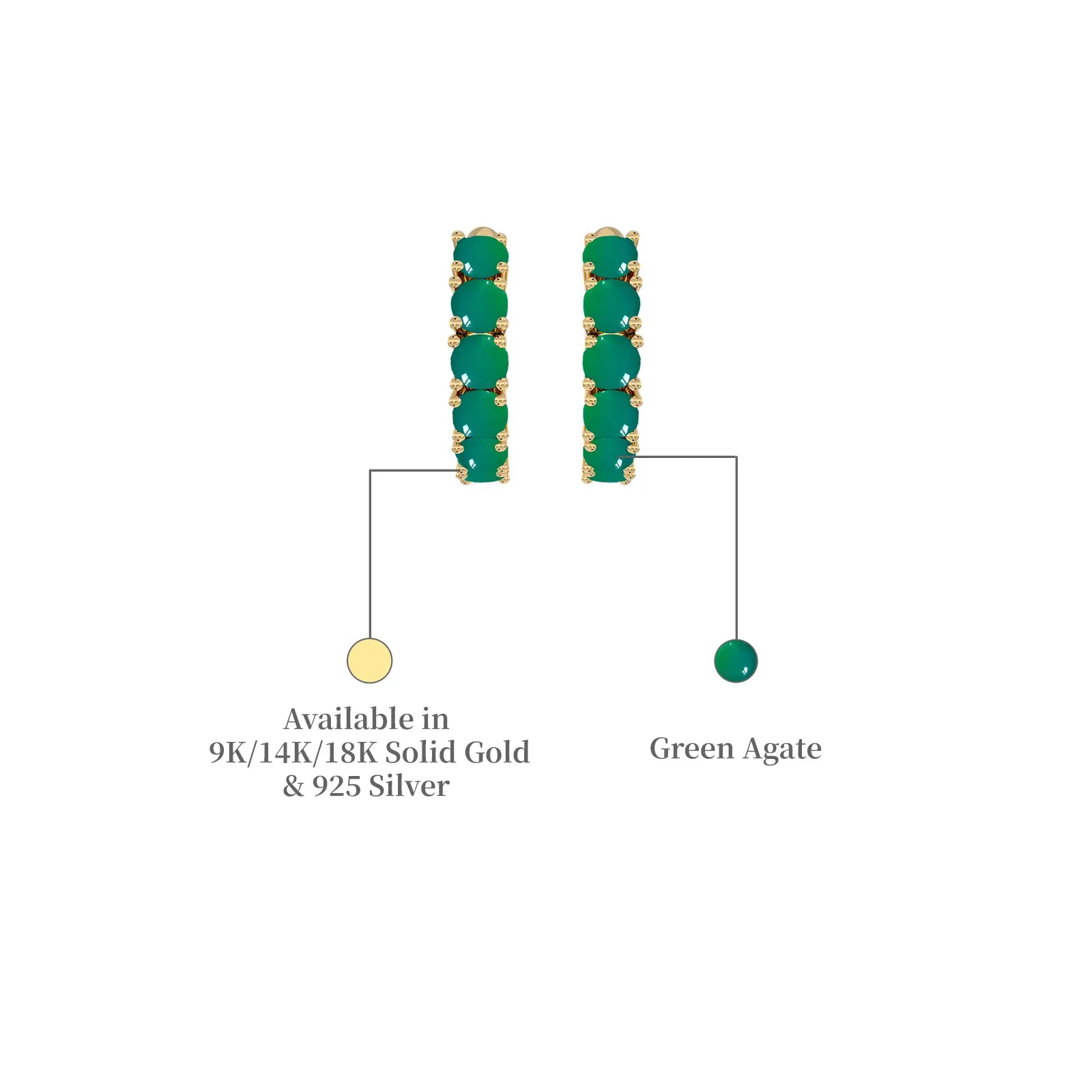 Yellow gold descriptive image of may birthstone green agate hoop earrings 