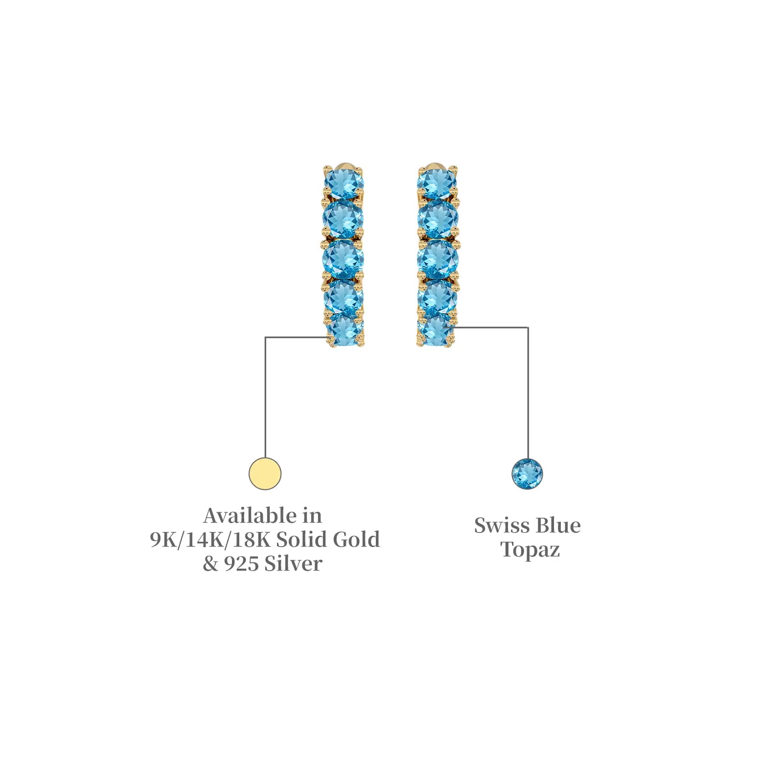 Yellow gold & Silver march birthstone swiss blue topaz hoop earrings descriptive image 