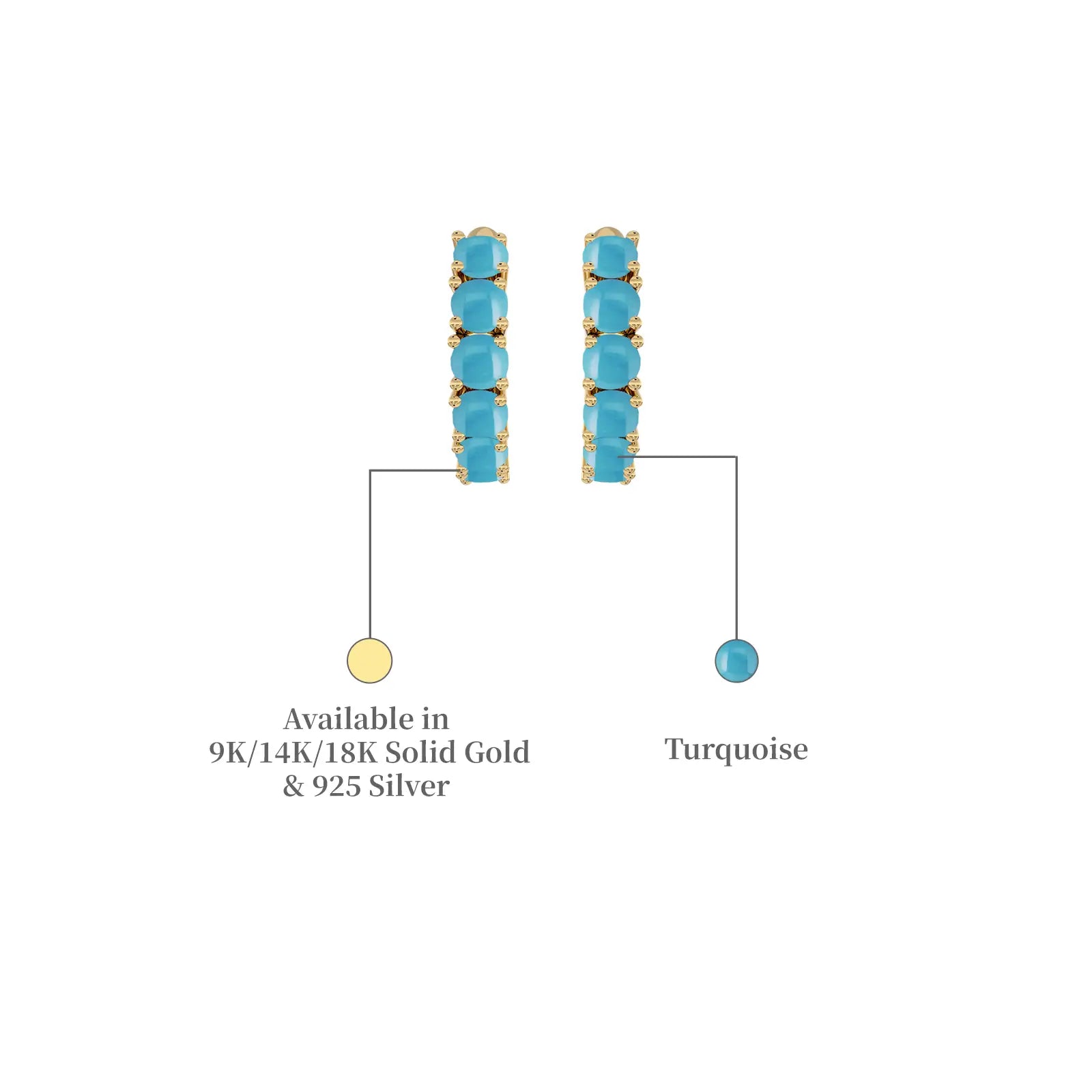 Yellow gold descriptive image of decemeber birthstone turquoise hoop earrings