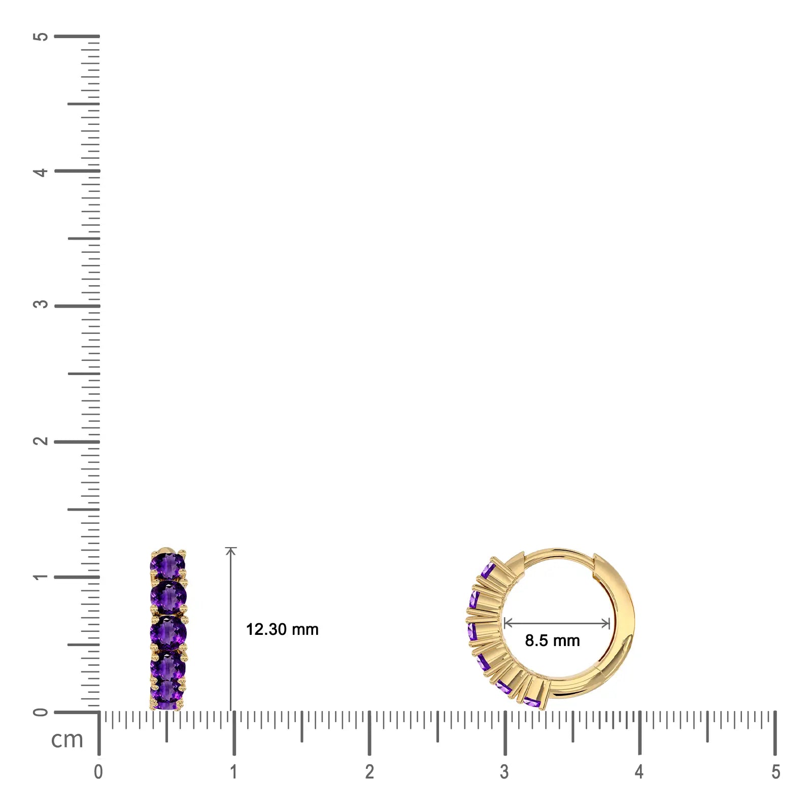 Dimension details of yellow gold February birthstone amethyst hoop earrings