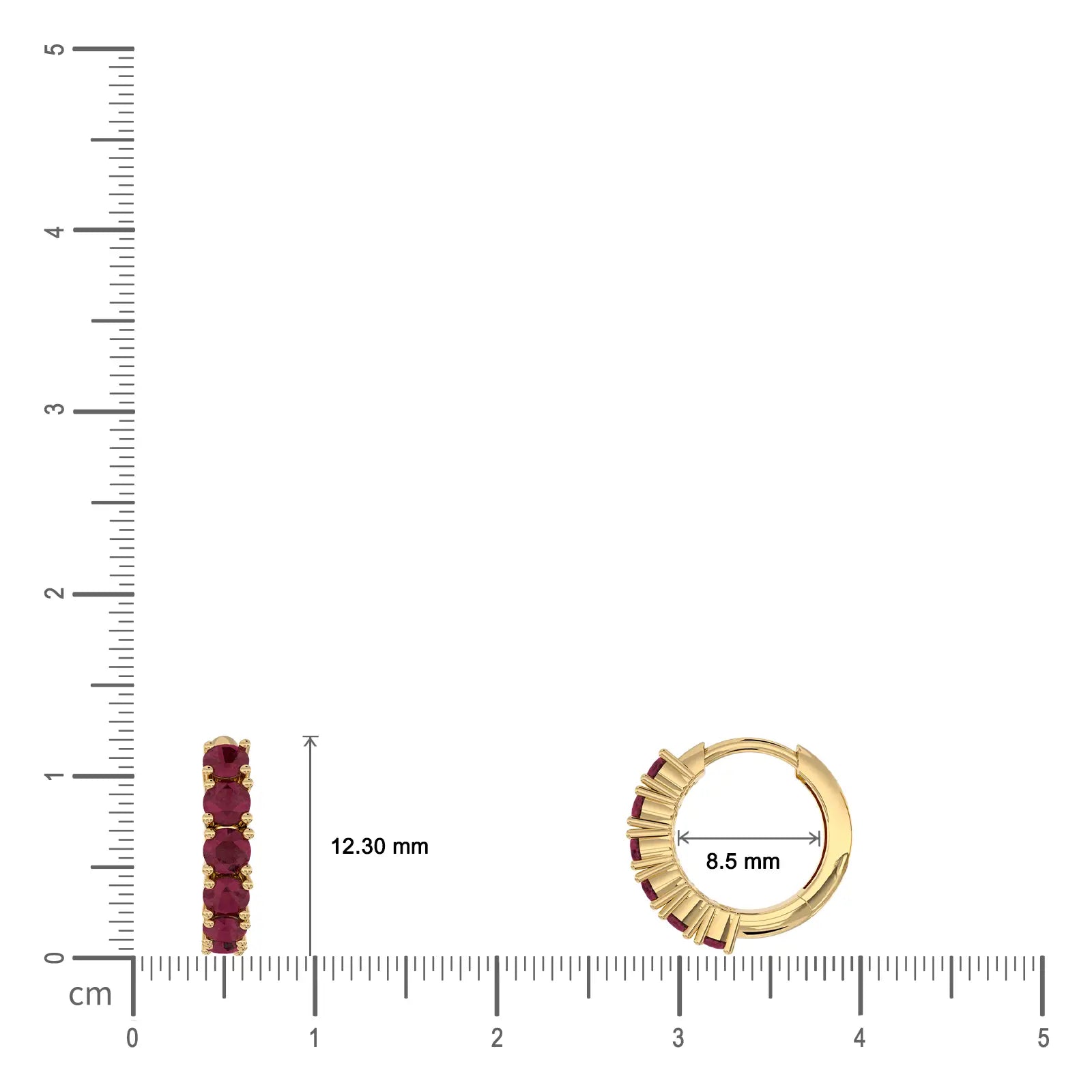 Dimension detail of yellow gold january birthstone garnet hoop earrings 8.50 mm