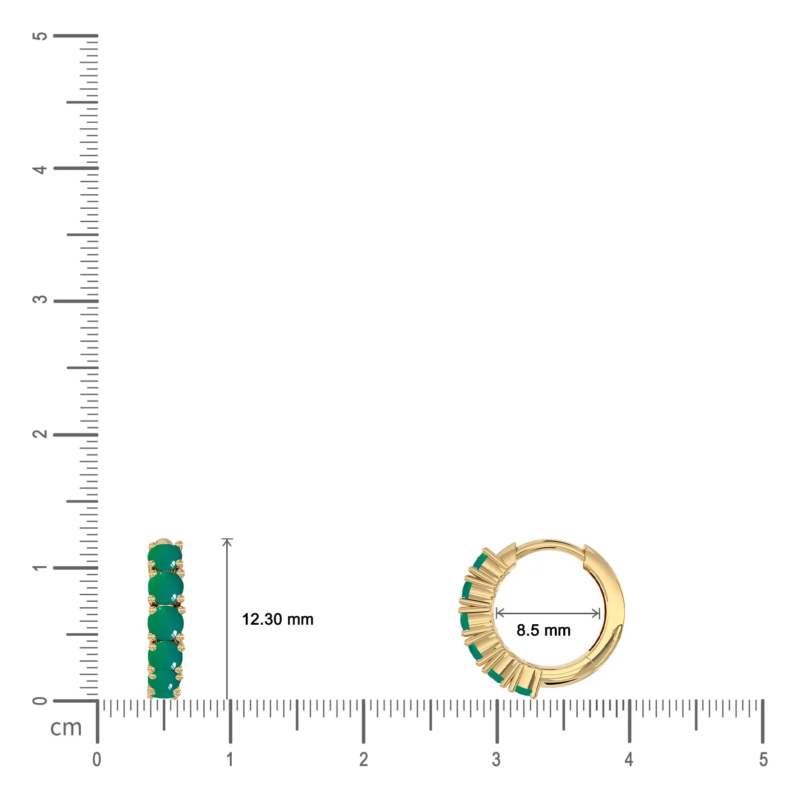 Dimension detail of yellow gold may birthstone green agate hoop earrings