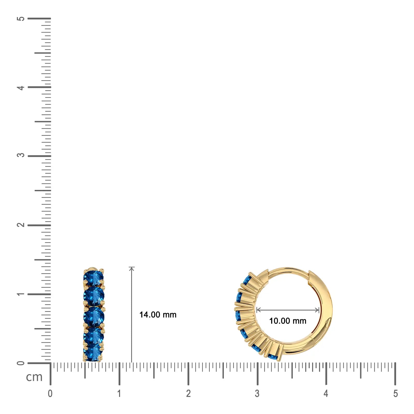 Dimension details of September birthstone London blue topaz hoops 10mm