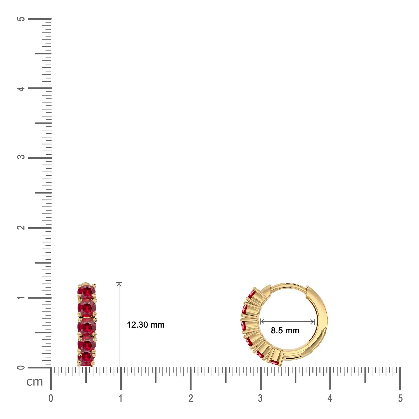 Dimension detail of yellow gold july birthstone opaque ruby hoop 8.50 mm earrings