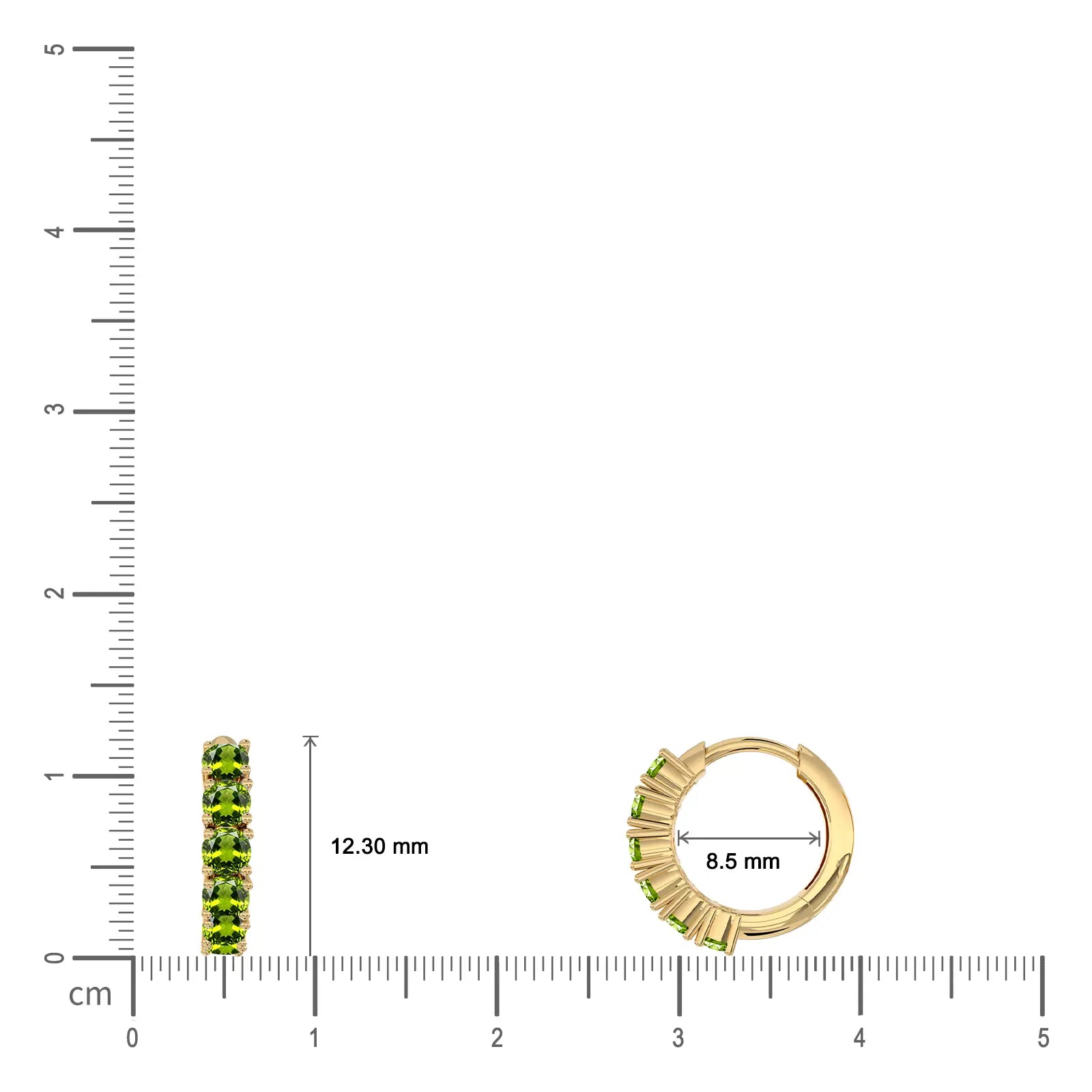 Dimension details of yellow gold August birthstone Peridot hoop earrings 8.50 mm