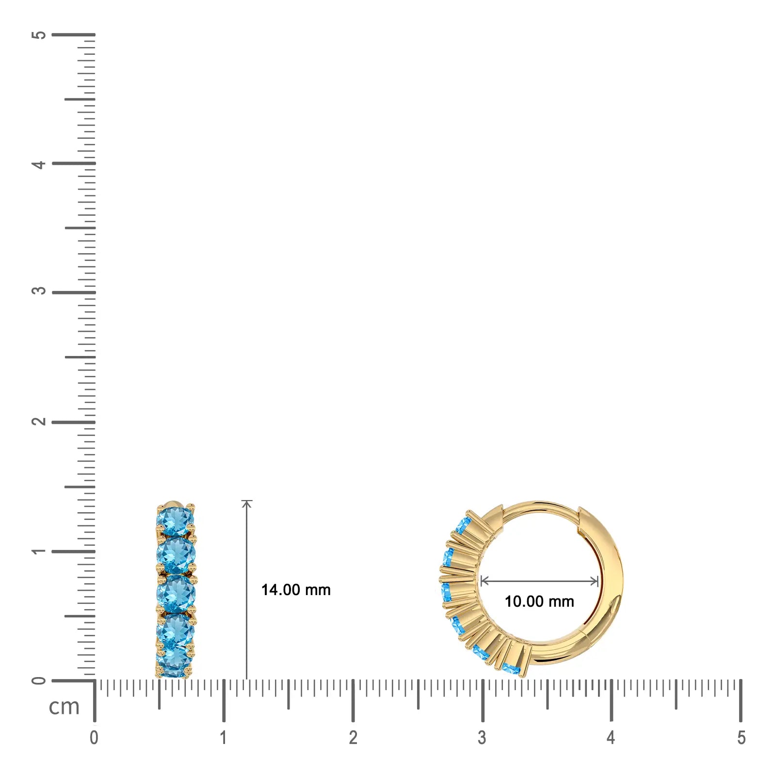10mm March Birthstone Swiss Blue Topaz Hoop Earrings on a ruler for scale on a white background