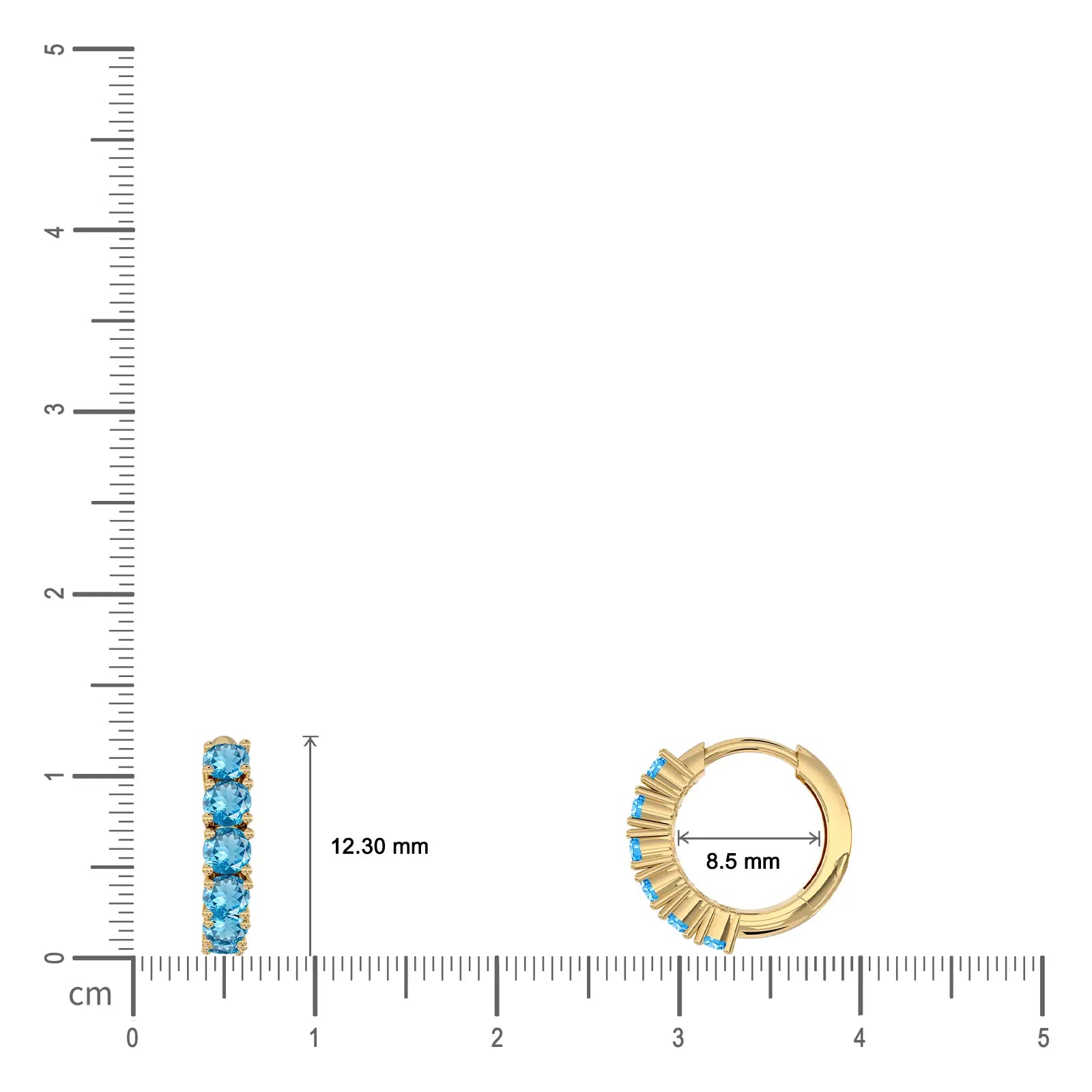 Dimension detail of yellow gold march birthstone swiss blue topaz hoop earrings 8.50 mm