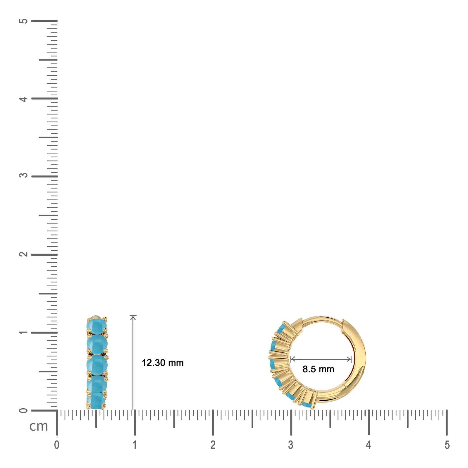 Dimension details of yellow gold decemeber birthstone turquoise hoop earrings 8.50 mm