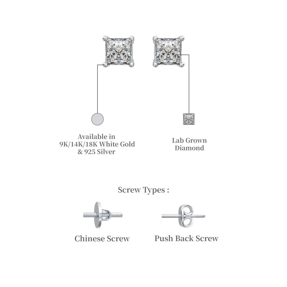 Descriptive image of fang 方 princess cut diamond solitaire stud earrings