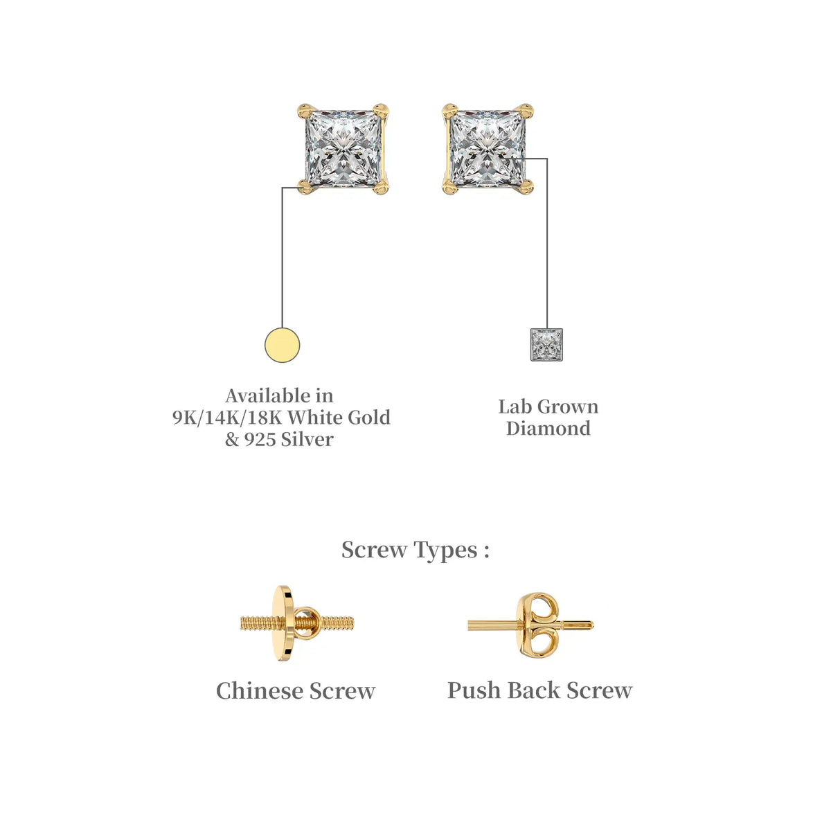 Descriptive image of yellow gold fang 方 princess cut diamond solitaire stud earrings