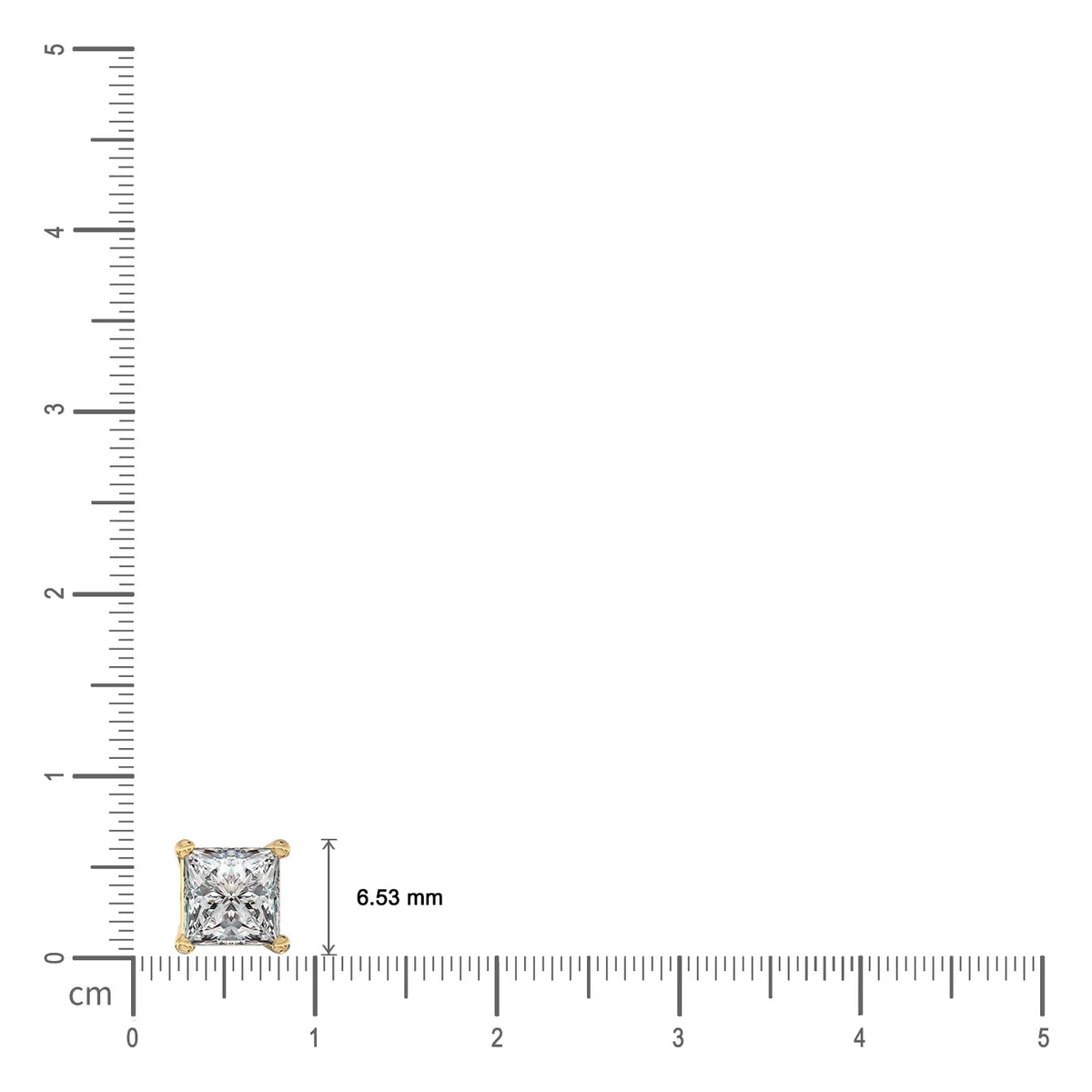 Dimension details of yellow gold fang 方 princess cut diamond solitaire stud earrings